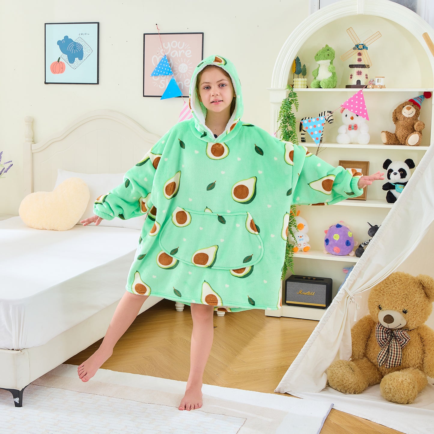 Kids Oversized Hoodie Blanket – Avocado Print Sherpa Lined