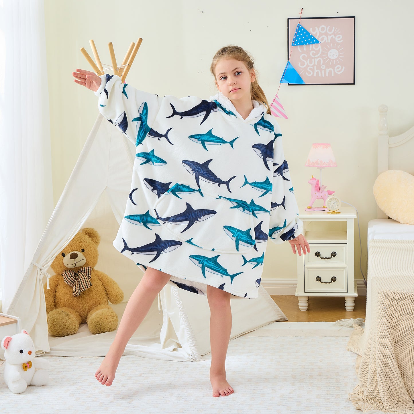 Shark Print Kids Oversized Hoodie Blanket