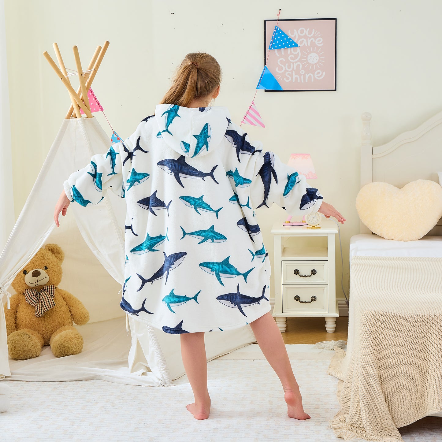 Shark Print Kids Oversized Hoodie Blanket