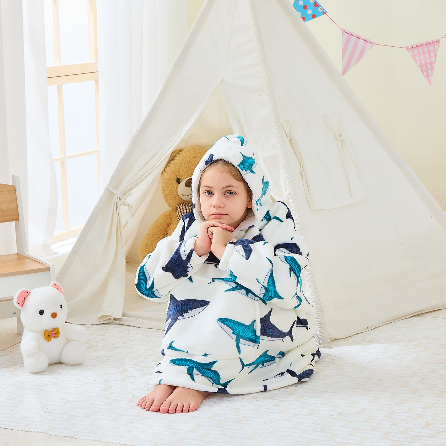 Shark Print Kids Oversized Hoodie Blanket