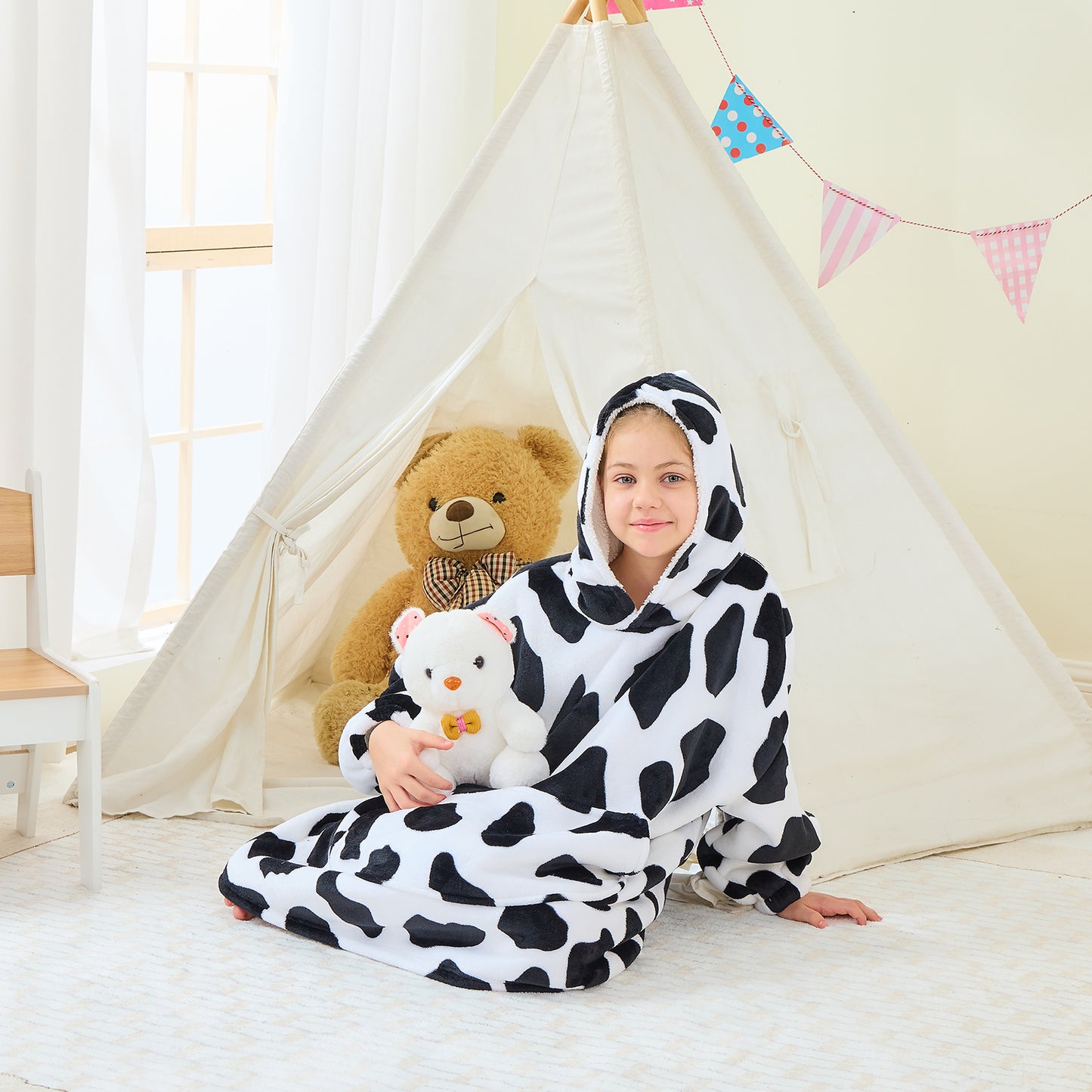 Cow Print Kids Hoodie Blanket – Oversized Sherpa Fleece Wearable Blanket