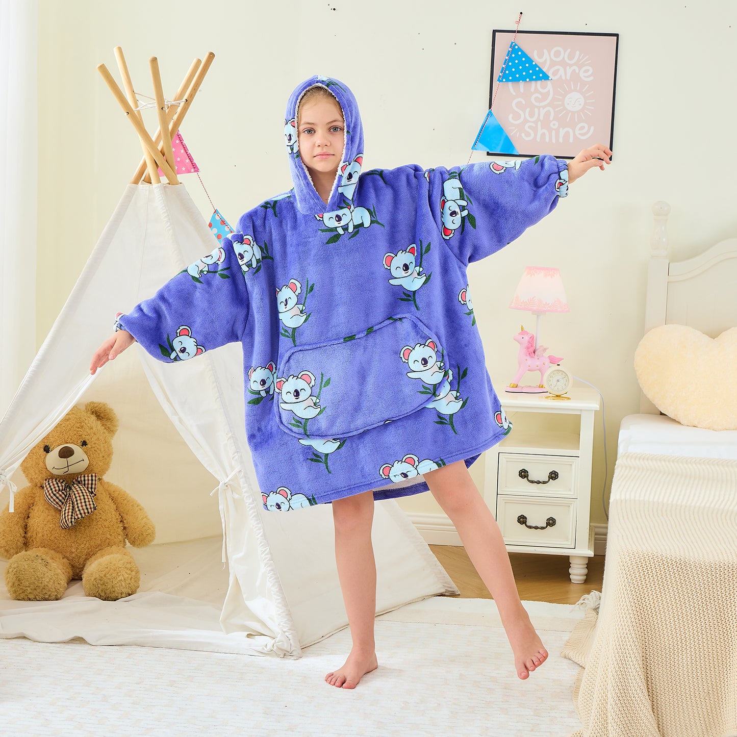 Koala Print Kids Hoodie Blanket – Oversized Sherpa Fleece Blanket Hoodie
