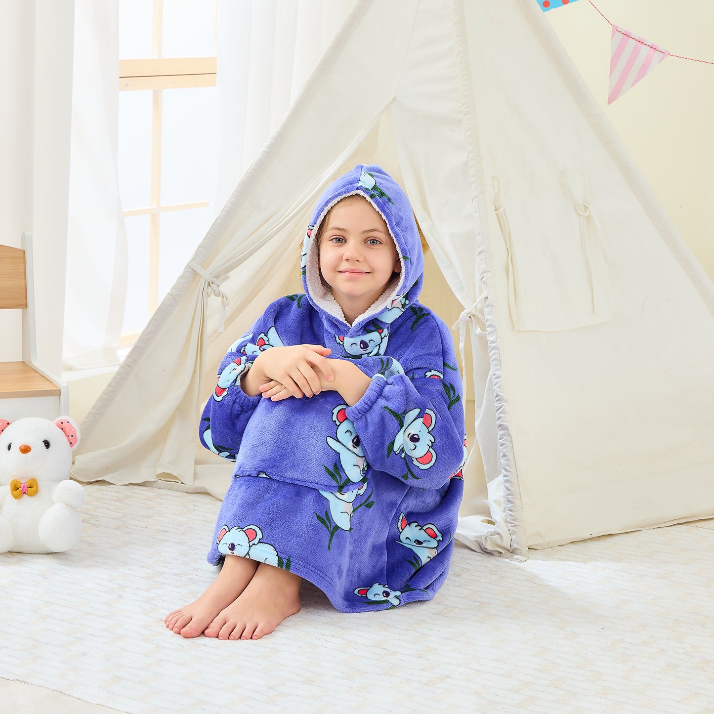 Koala Print Kids Hoodie Blanket – Oversized Sherpa Fleece Blanket Hoodie