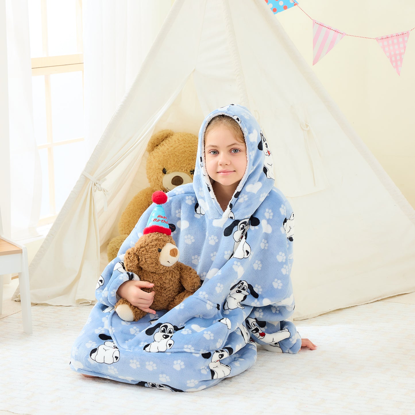 Kids Oversized Hoodie Blanket – Big-Eared Dog Sherpa Fleece Wearable Blanket