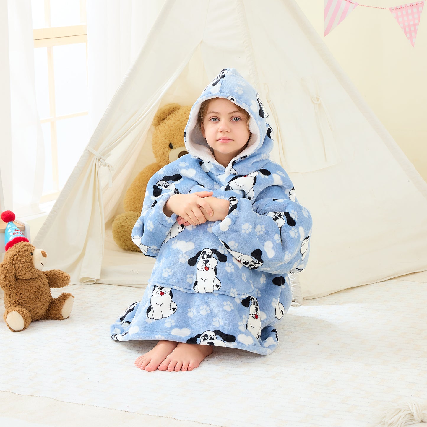Kids Oversized Hoodie Blanket – Big-Eared Dog Sherpa Fleece Wearable Blanket