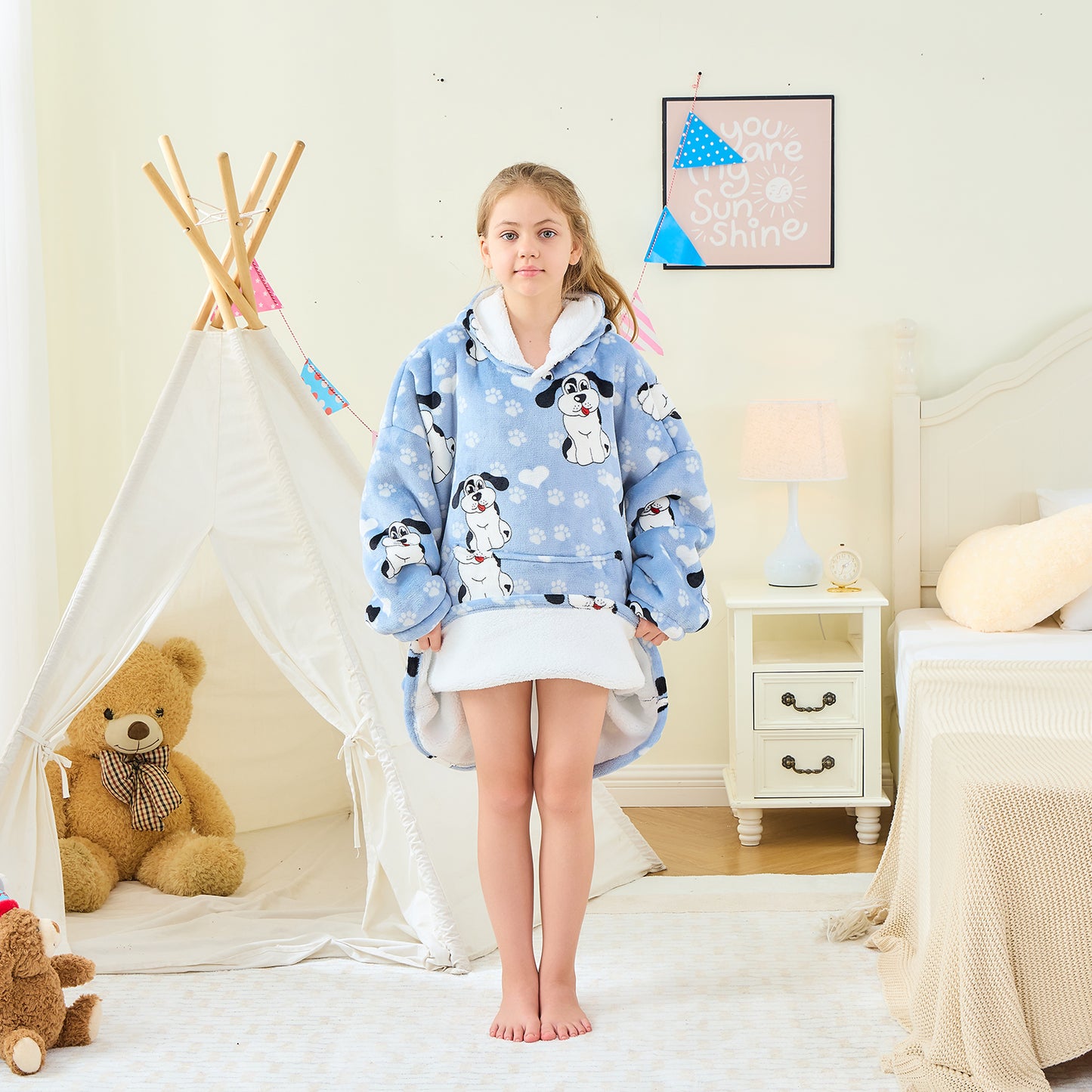 Kids Oversized Hoodie Blanket – Big-Eared Dog Sherpa Fleece Wearable Blanket
