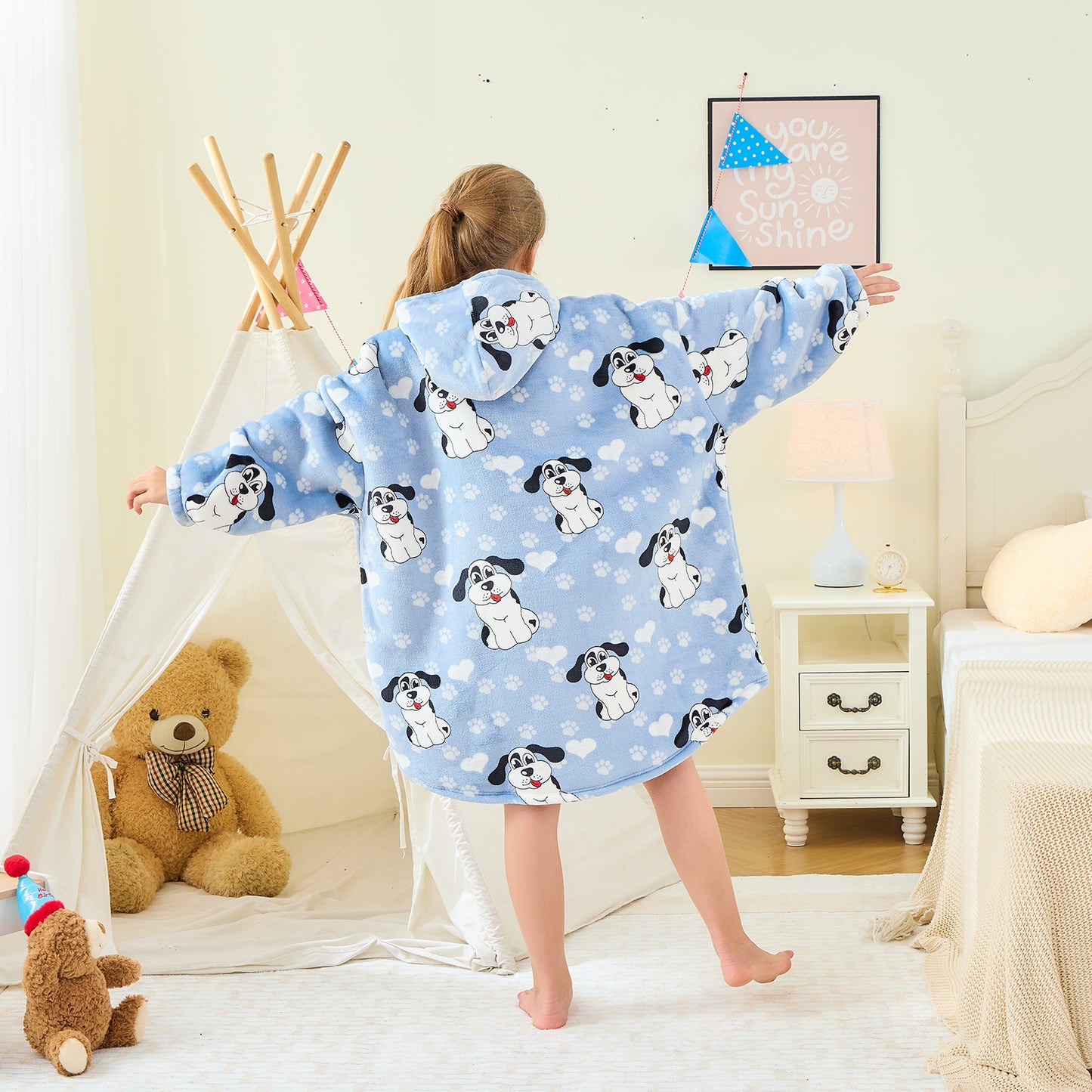 Kids Oversized Hoodie Blanket – Big-Eared Dog Sherpa Fleece Wearable Blanket