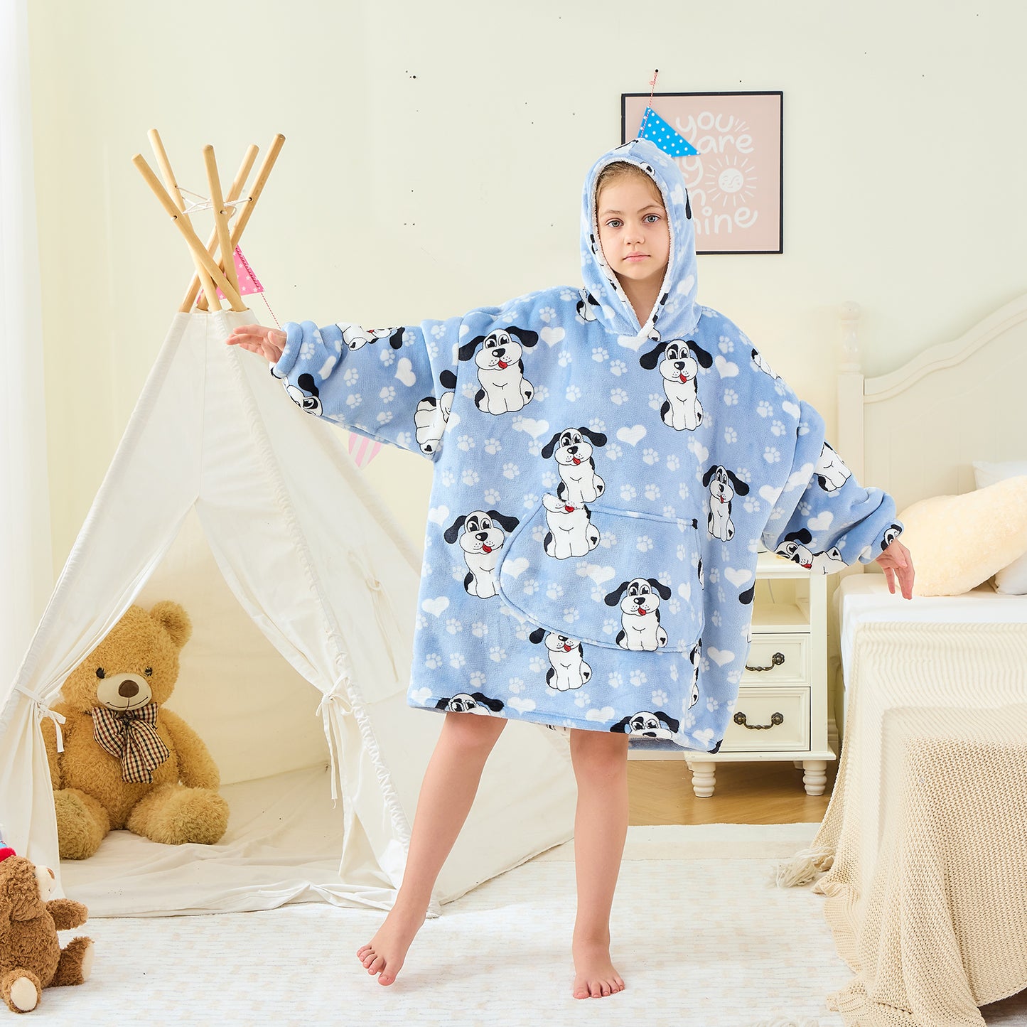 Kids Oversized Hoodie Blanket – Big-Eared Dog Sherpa Fleece Wearable Blanket