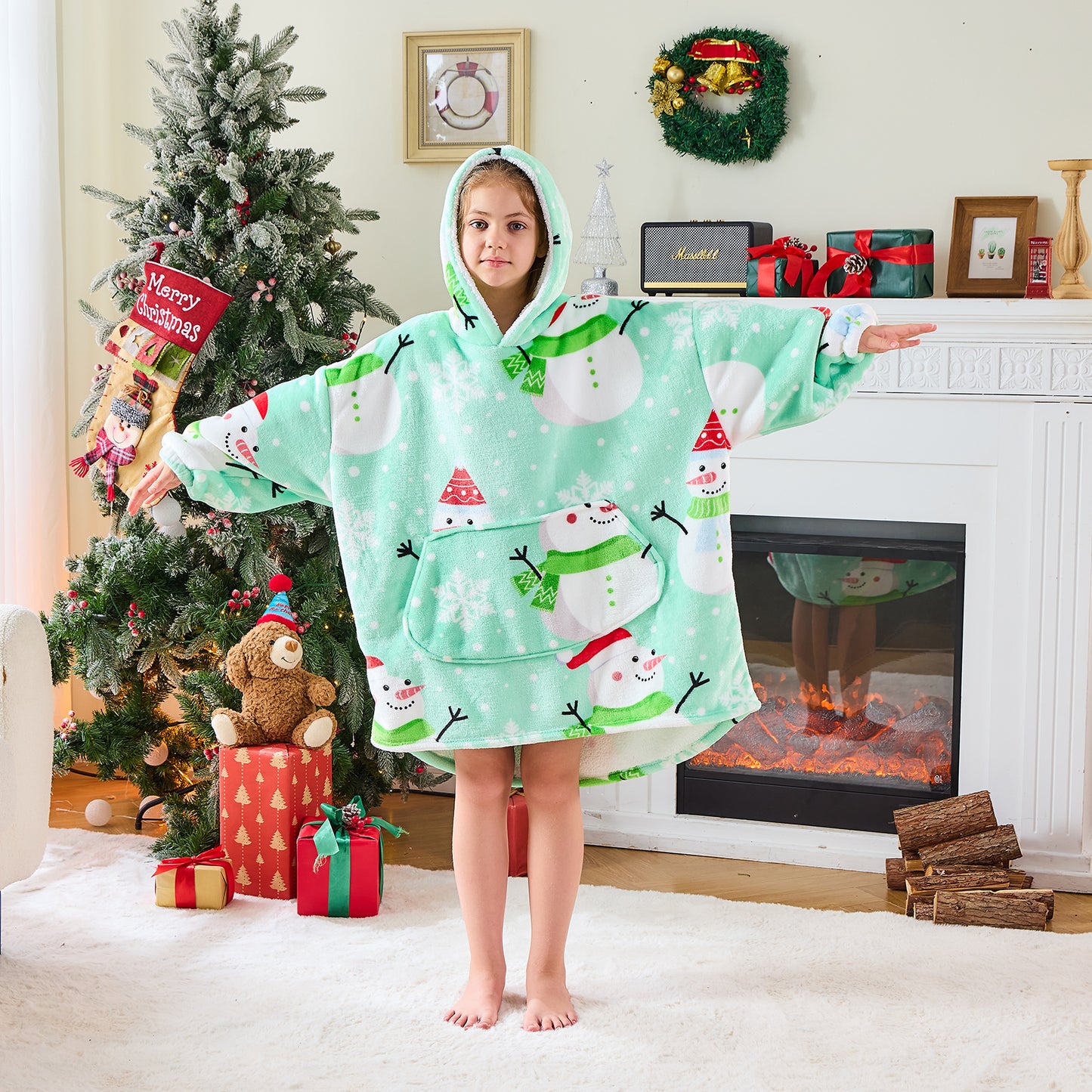 Snowman Print Kids Hoodie Blanket – Oversized Wearable Blanket