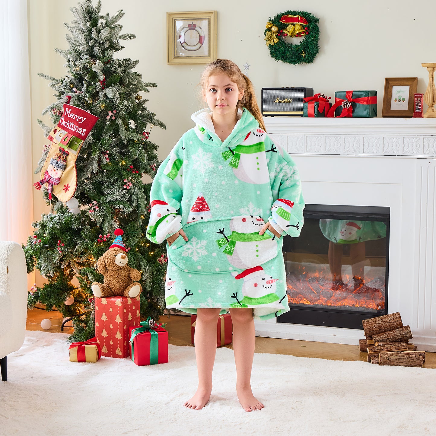 Snowman Print Kids Hoodie Blanket – Oversized Wearable Blanket