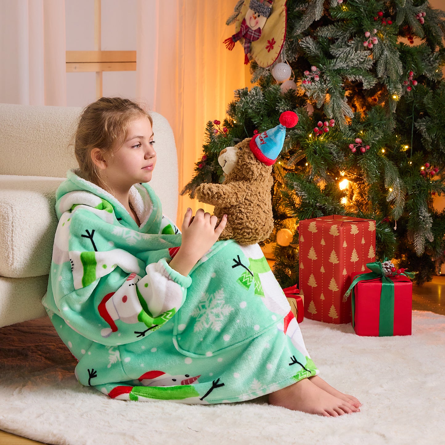 Snowman Print Kids Hoodie Blanket – Oversized Wearable Blanket
