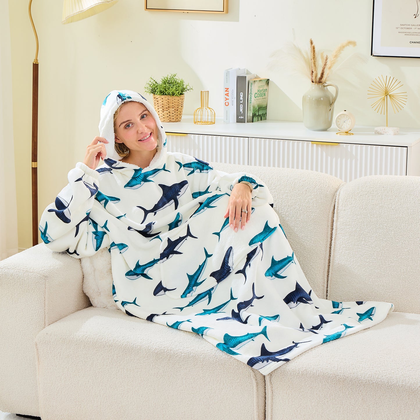 Adults & Teens Extra Long Oversized Hoodie Blanket – Shark Print