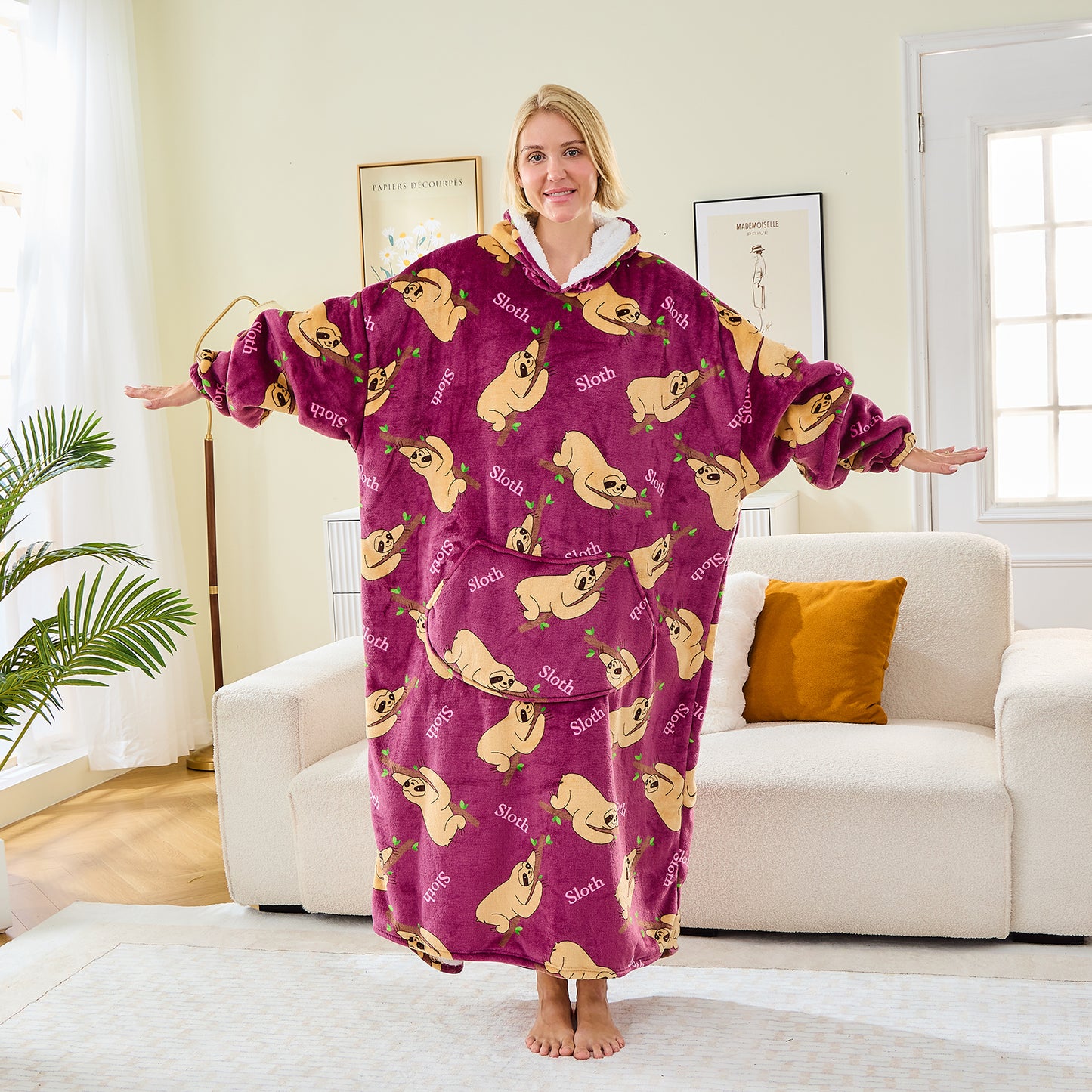 Sloth Print Extra Long Oversized Hoodie Blanket