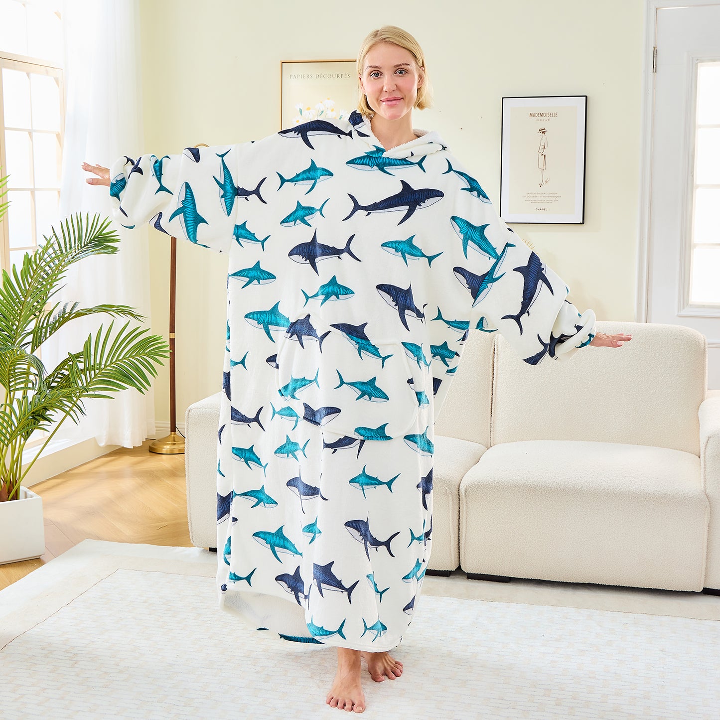 Adults & Teens Extra Long Oversized Hoodie Blanket – Shark Print