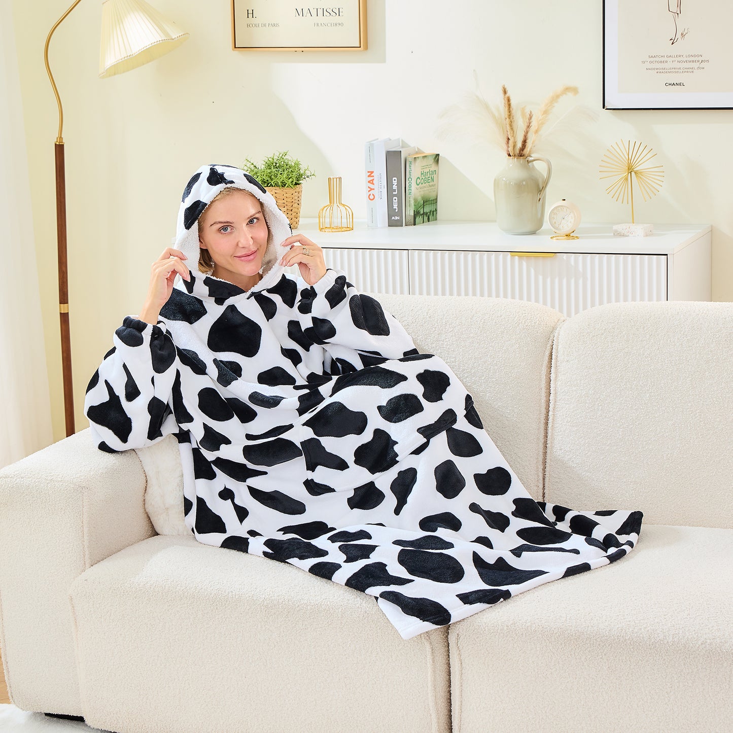 Cow Print Extra Long Oversized Sherpa Lined Wearable Blanket