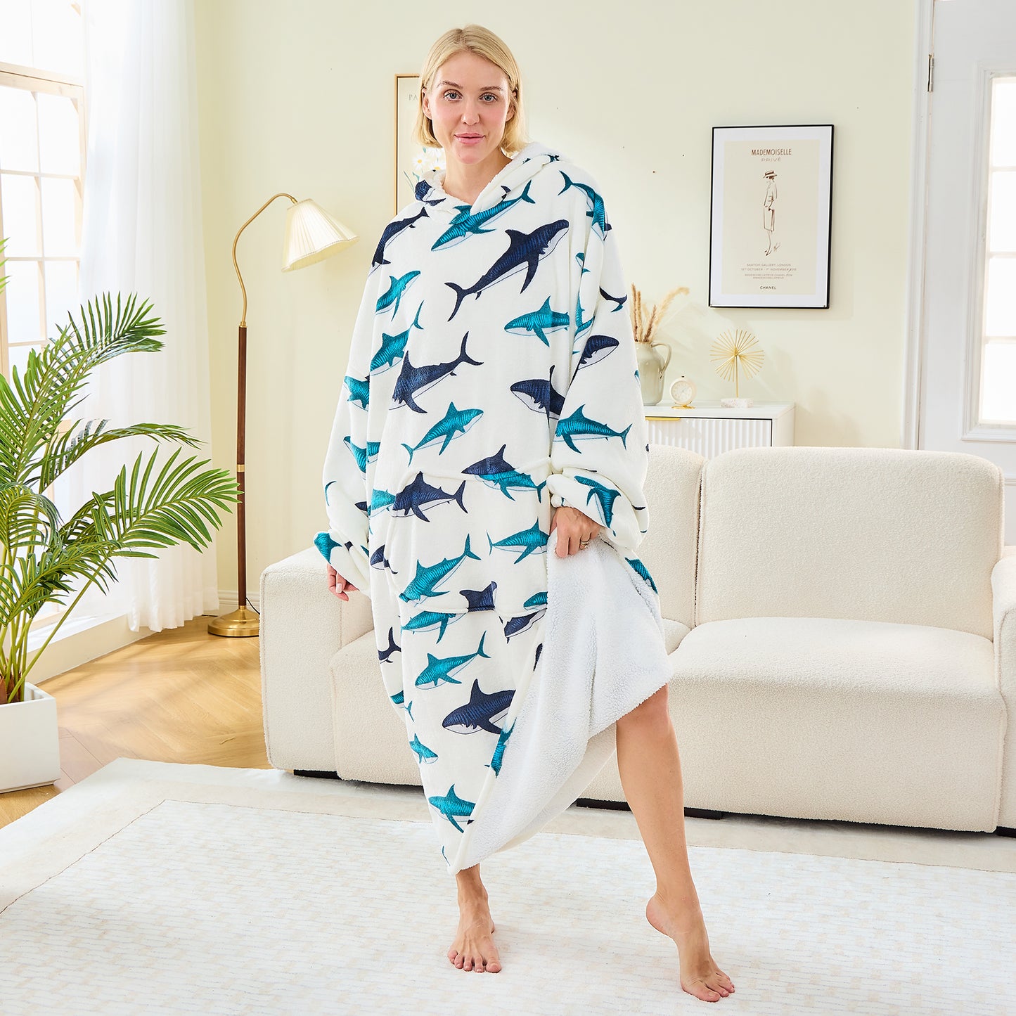 Adults & Teens Extra Long Oversized Hoodie Blanket – Shark Print