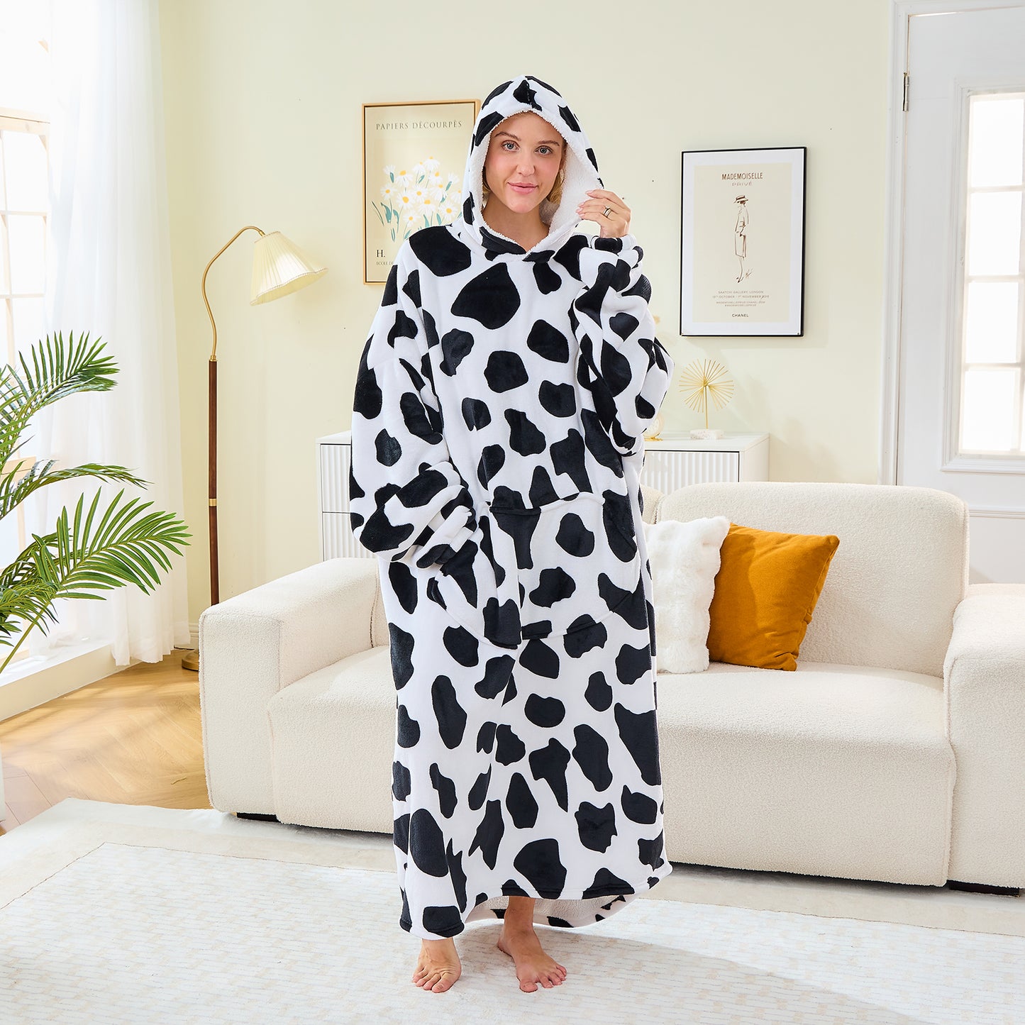 Cow Print Extra Long Oversized Sherpa Lined Wearable Blanket