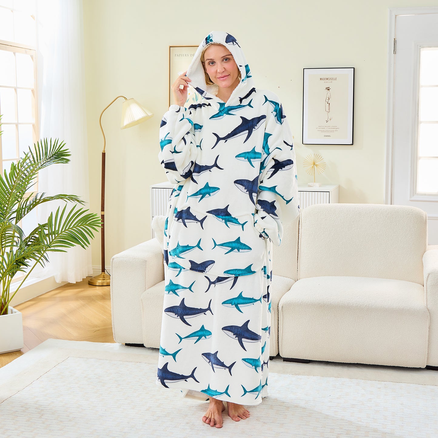 Adults & Teens Extra Long Oversized Hoodie Blanket – Shark Print