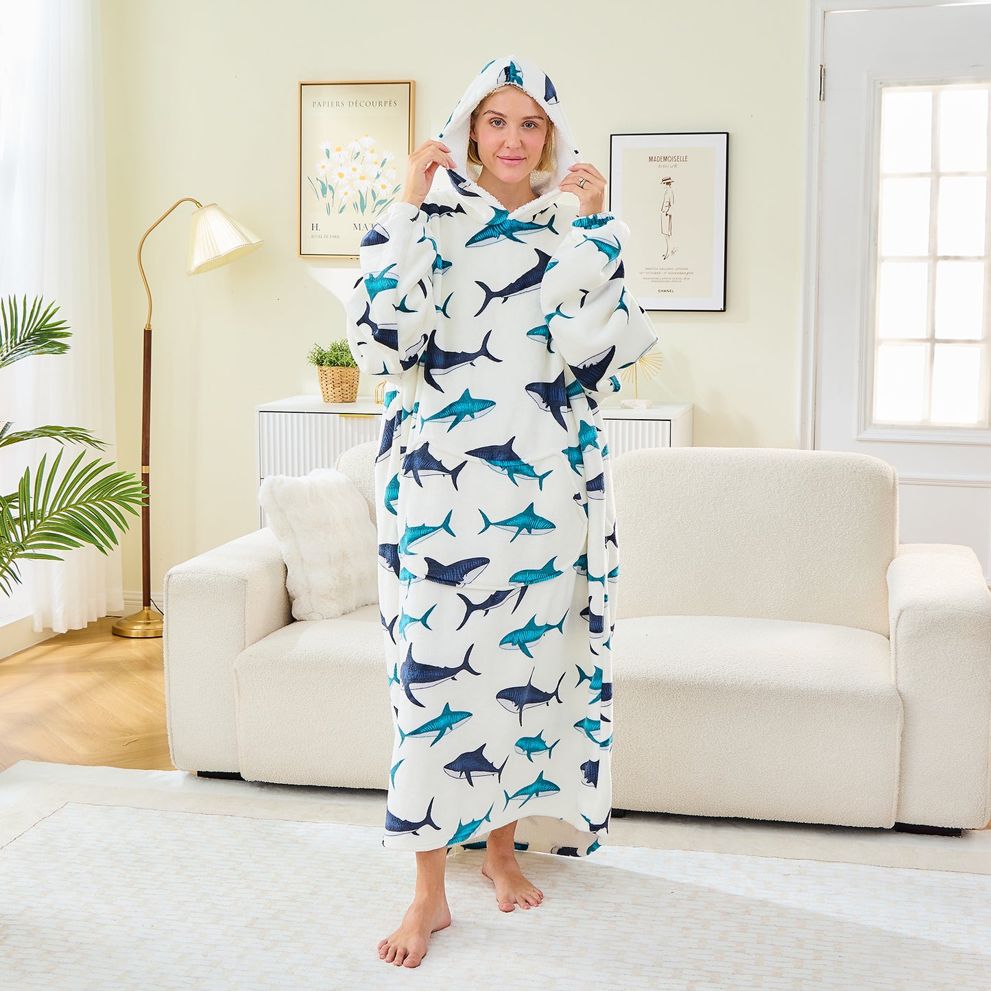 Adults & Teens Extra Long Oversized Hoodie Blanket – Shark Print