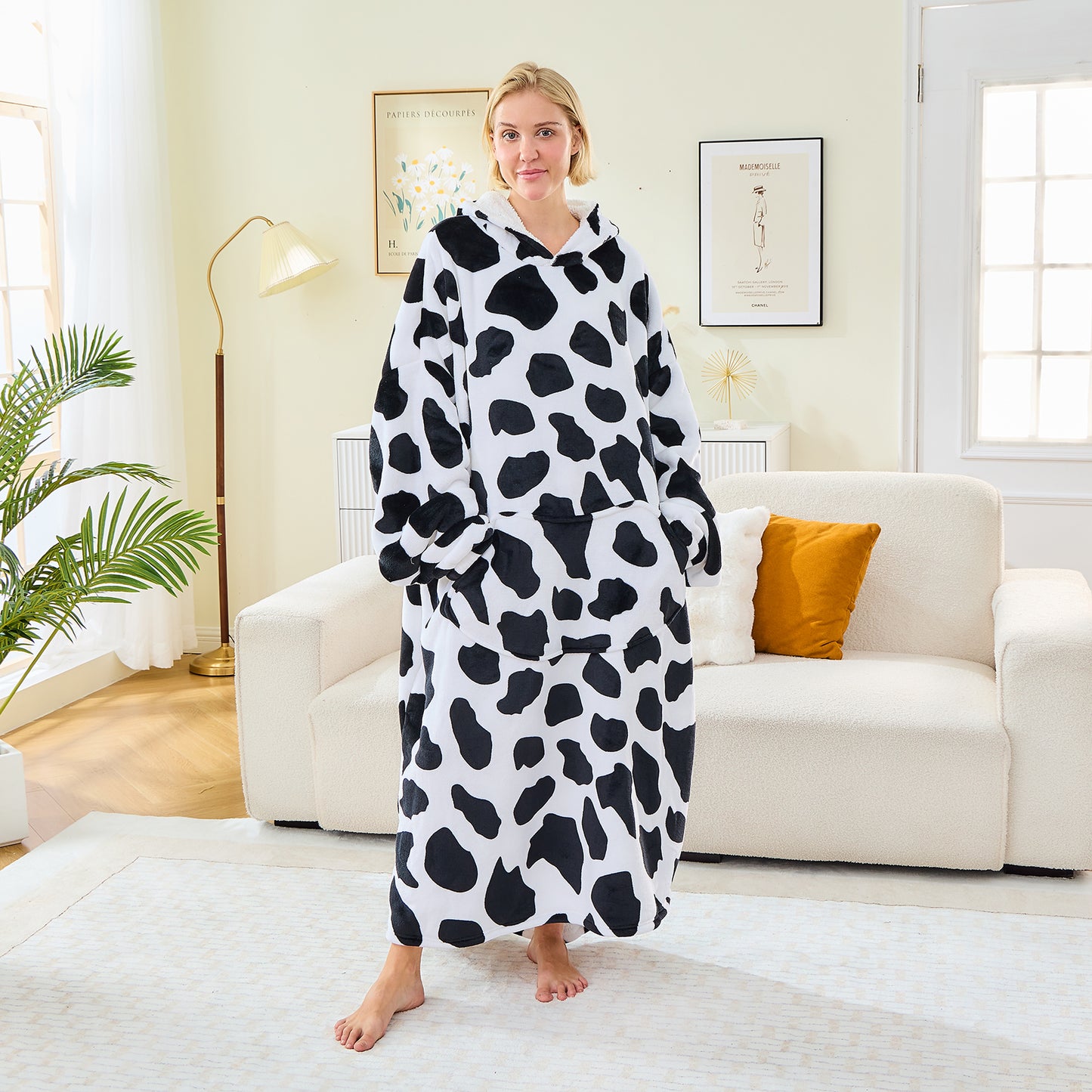 Cow Print Extra Long Oversized Sherpa Lined Wearable Blanket