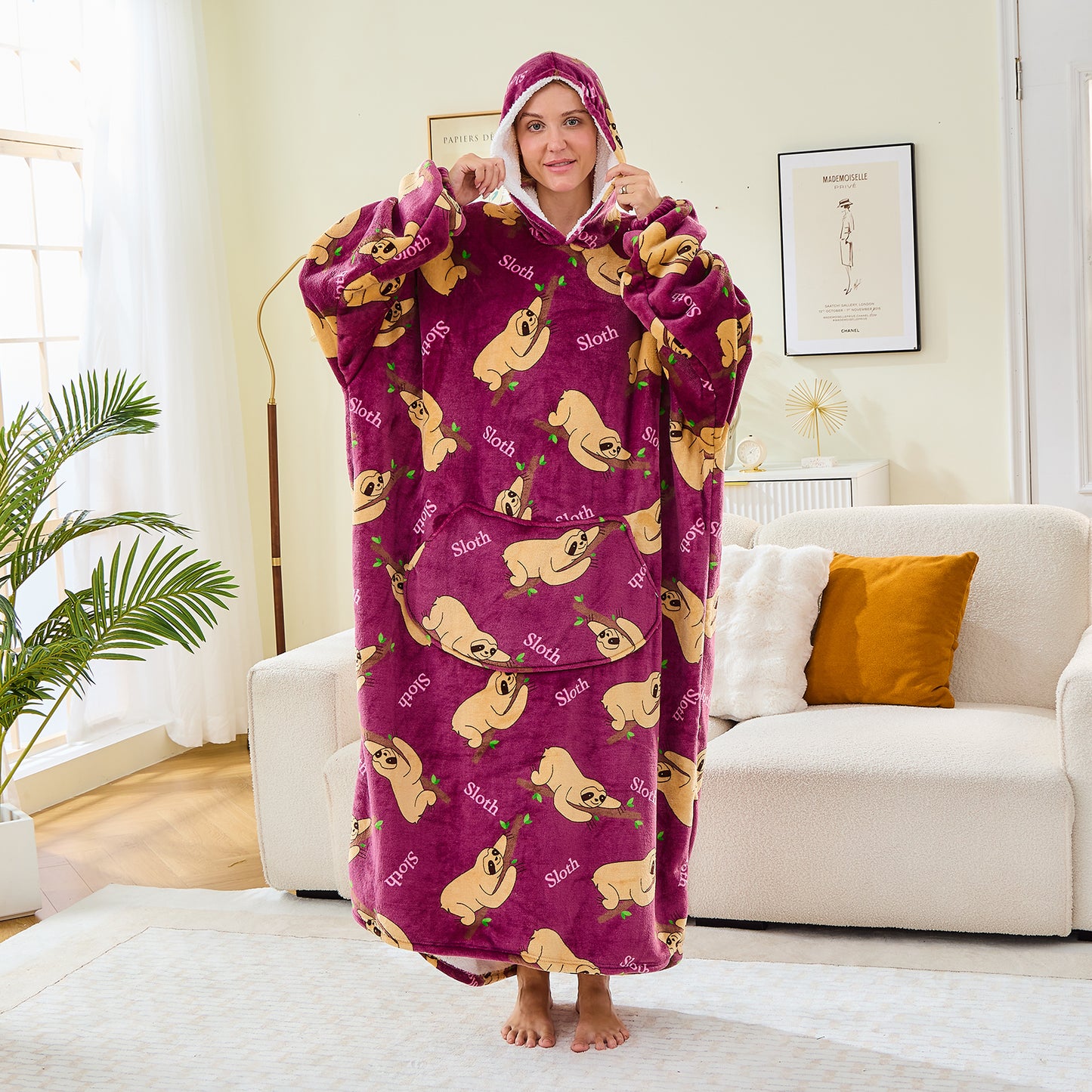 Sloth Print Extra Long Oversized Hoodie Blanket