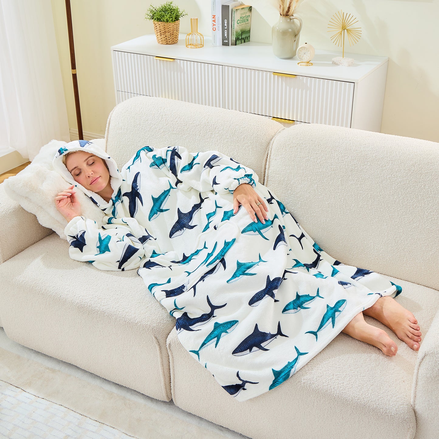 Adults & Teens Extra Long Oversized Hoodie Blanket – Shark Print