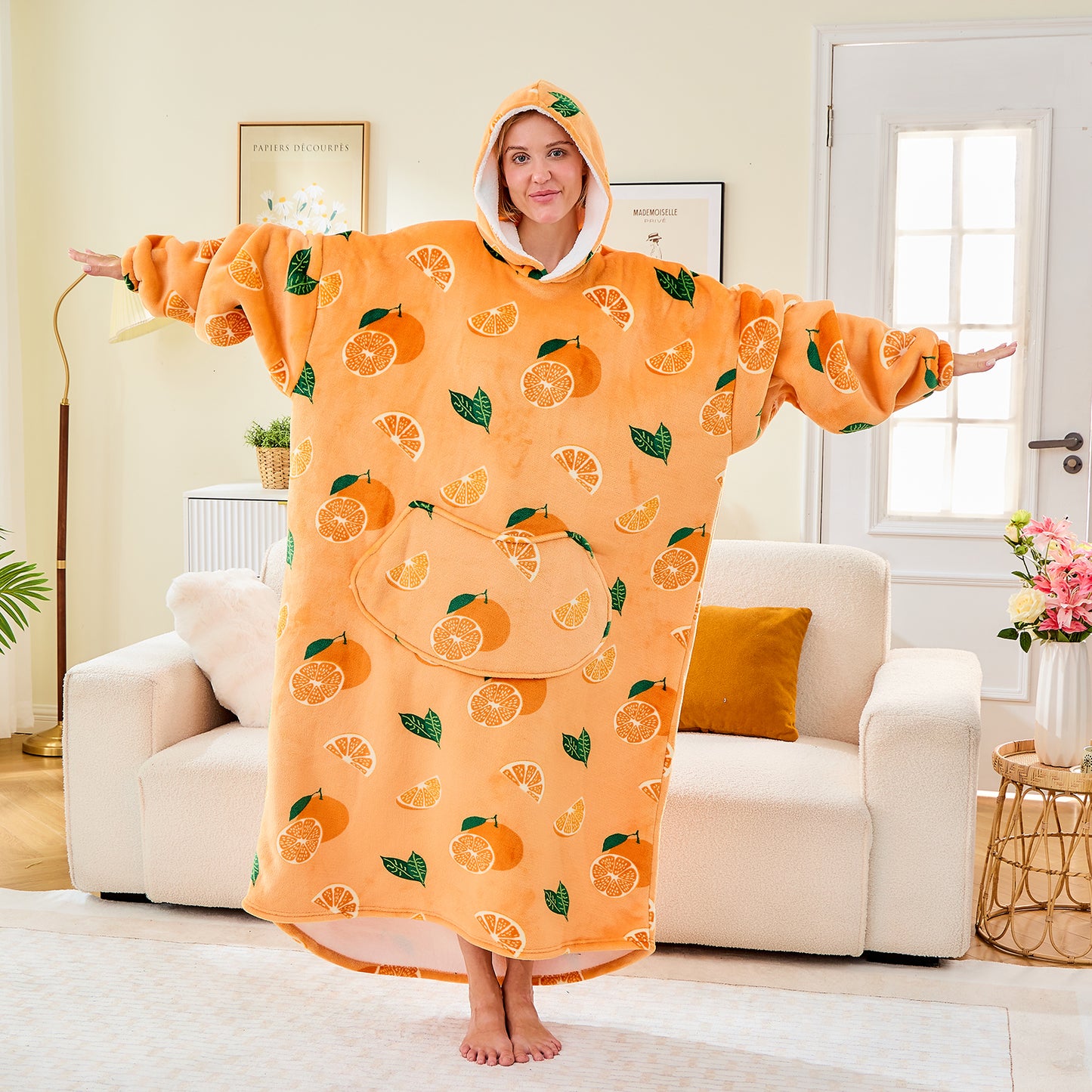 Orange Print Extra Long Oversized Hoodie Blanket