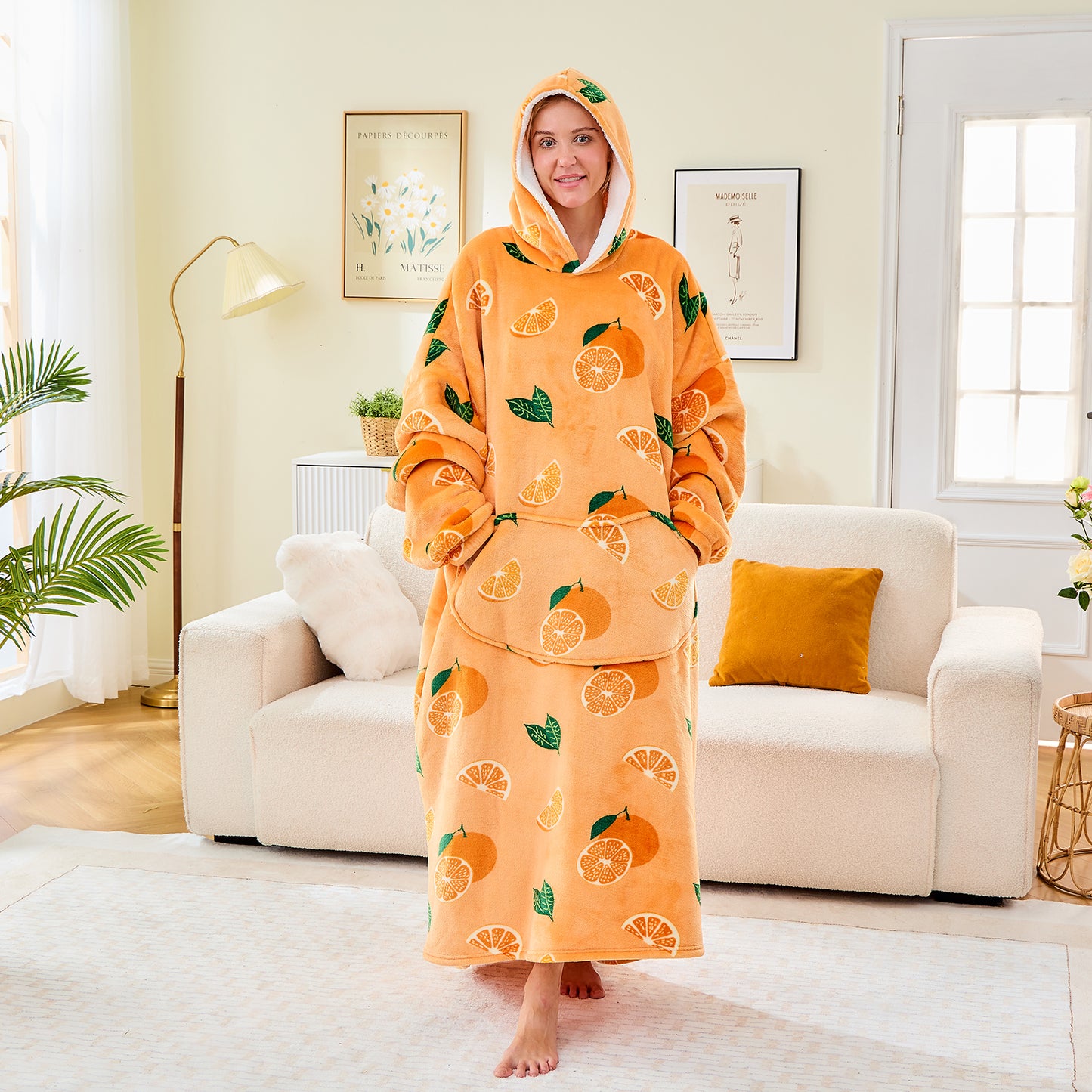Orange Print Extra Long Oversized Hoodie Blanket