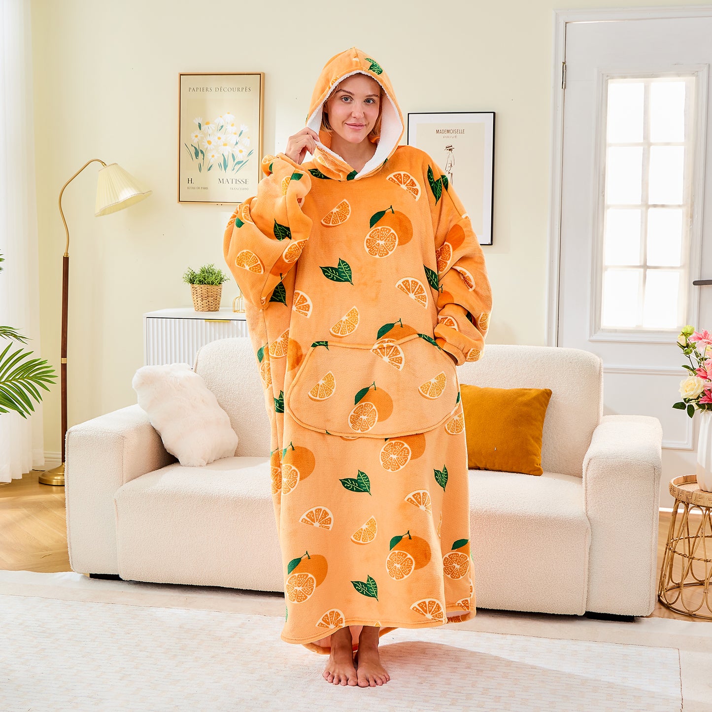 Orange Print Extra Long Oversized Hoodie Blanket