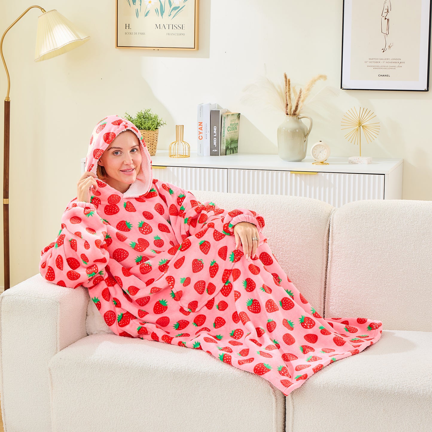 Strawberry Print Oversized Sherpa Hoodie Blanket