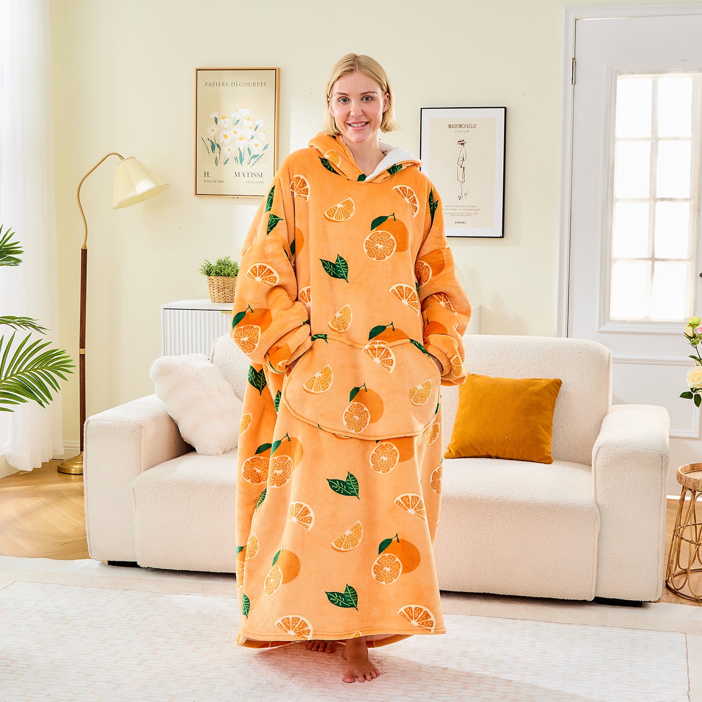 Orange Print Extra Long Oversized Hoodie Blanket
