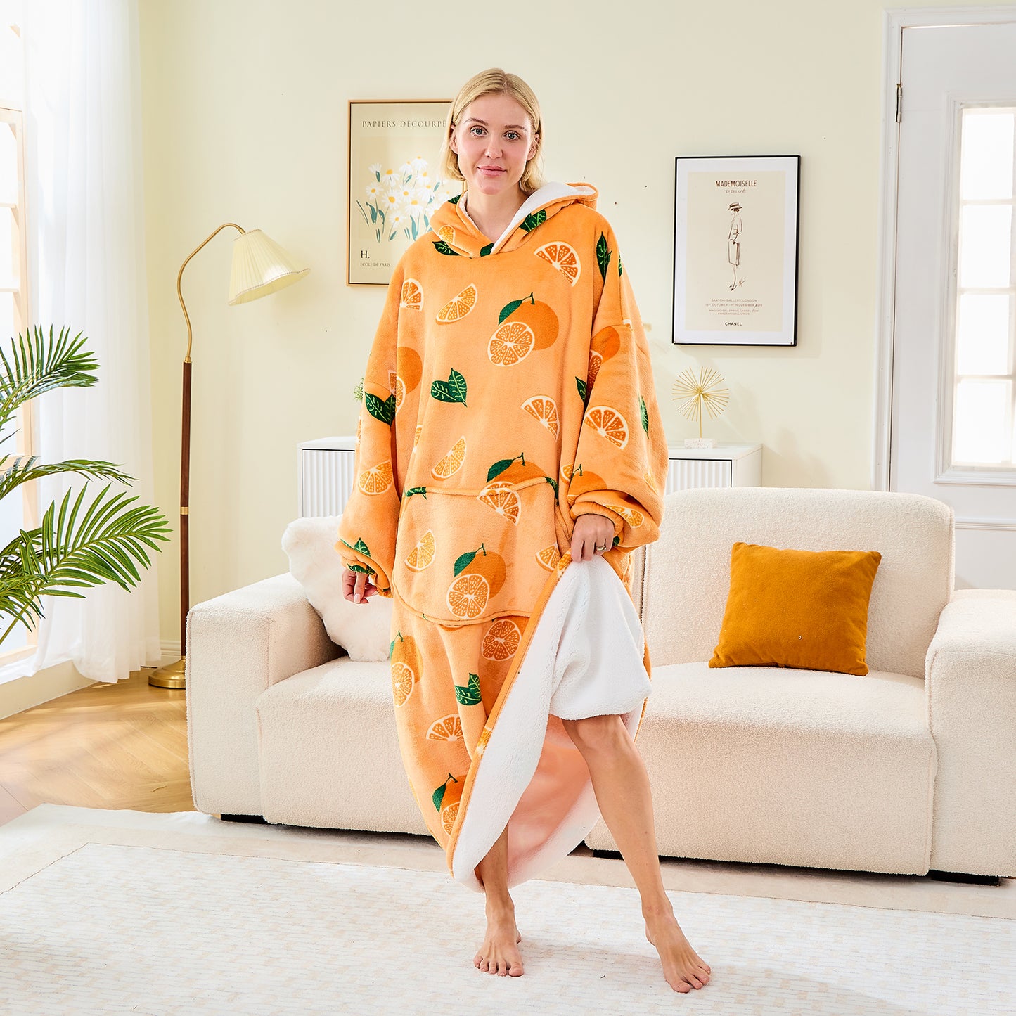 Orange Print Extra Long Oversized Hoodie Blanket