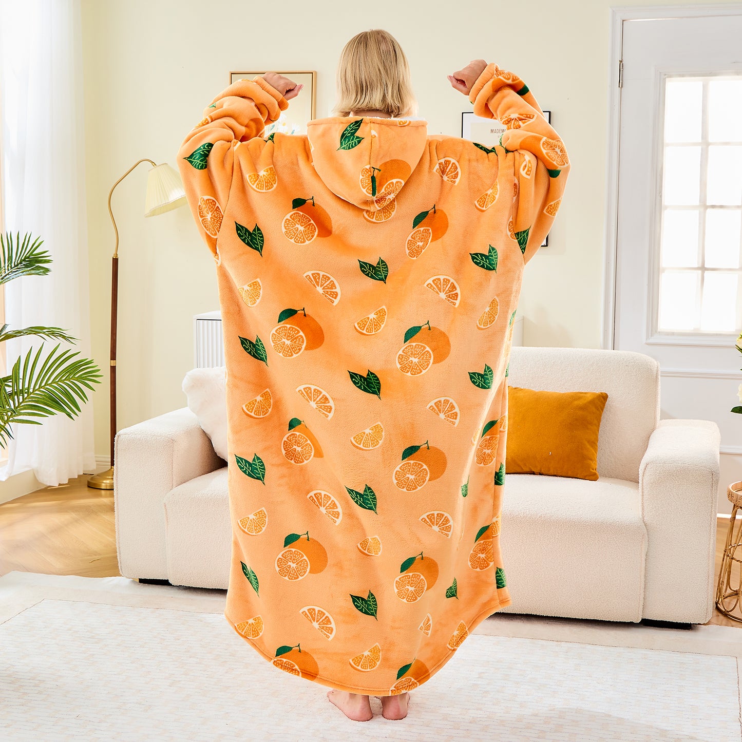 Orange Print Extra Long Oversized Hoodie Blanket