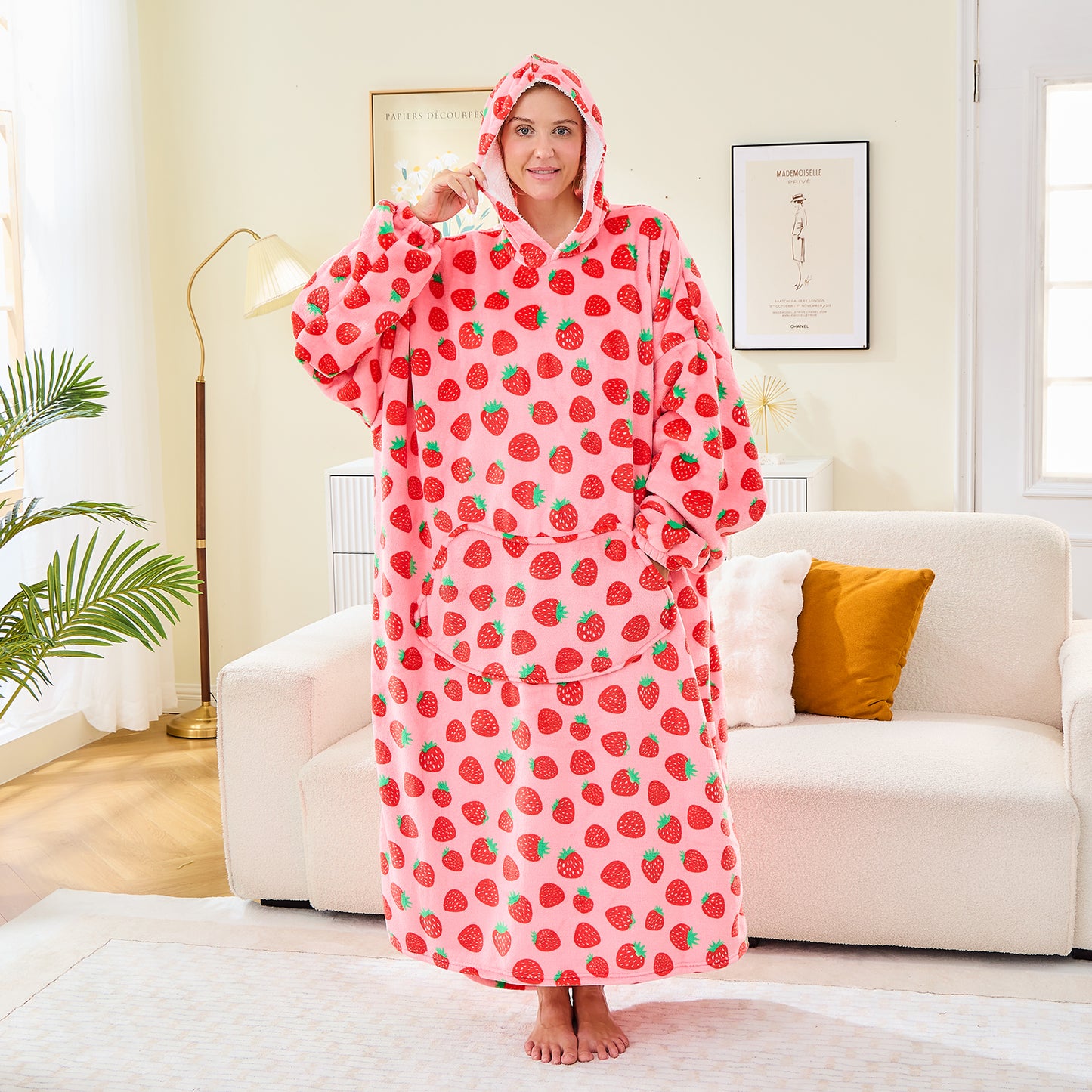 Strawberry Print Oversized Sherpa Hoodie Blanket