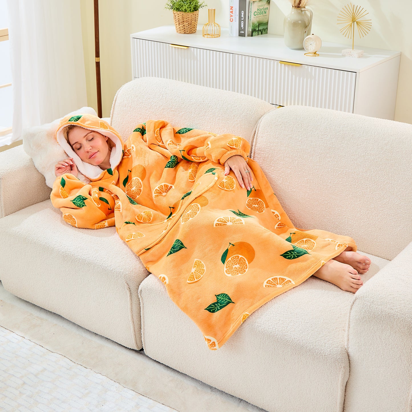 Orange Print Extra Long Oversized Hoodie Blanket