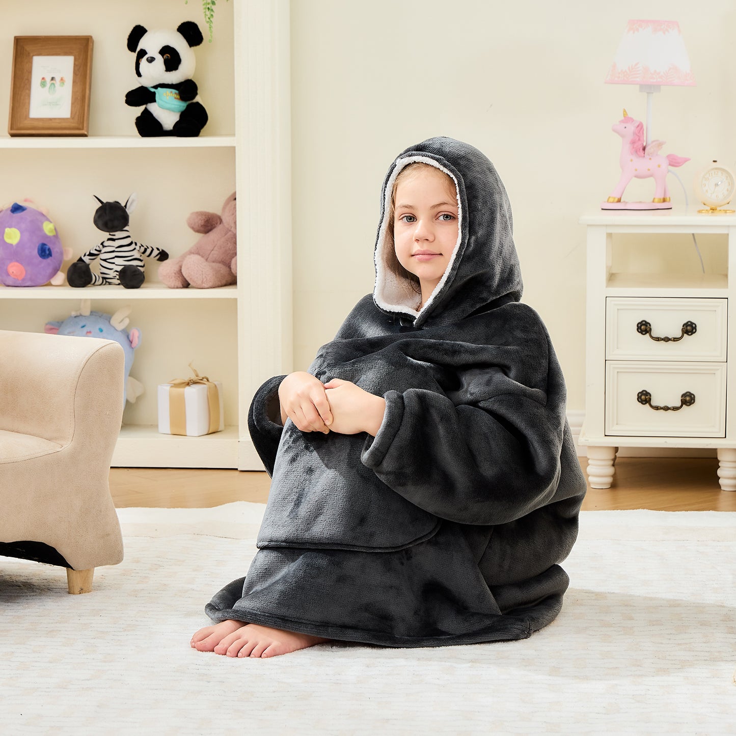 Dark Grey Kids Hoodie Blanket – Oversized Sherpa Fleece Snuggle Wear