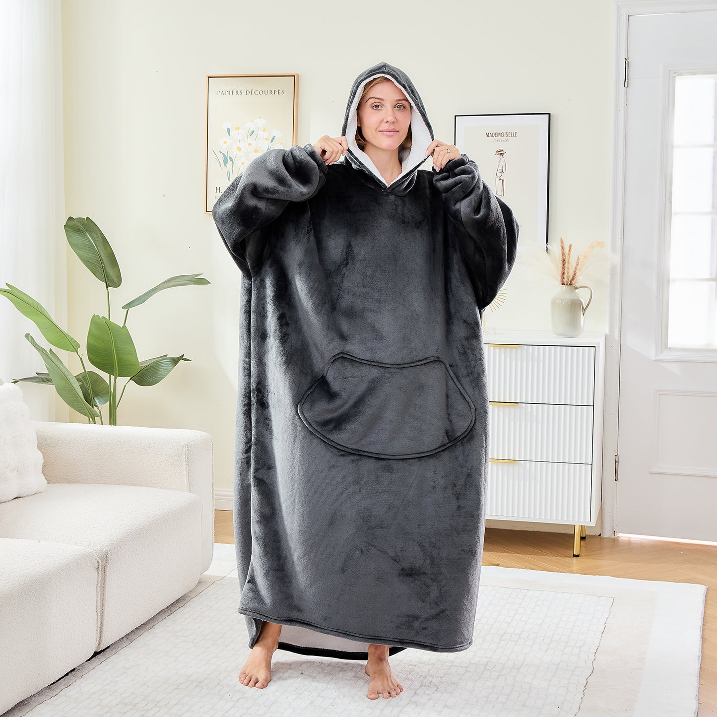 Dark Grey Oversized Hoodie Blanket – Sherpa Lined Snuggle Wear