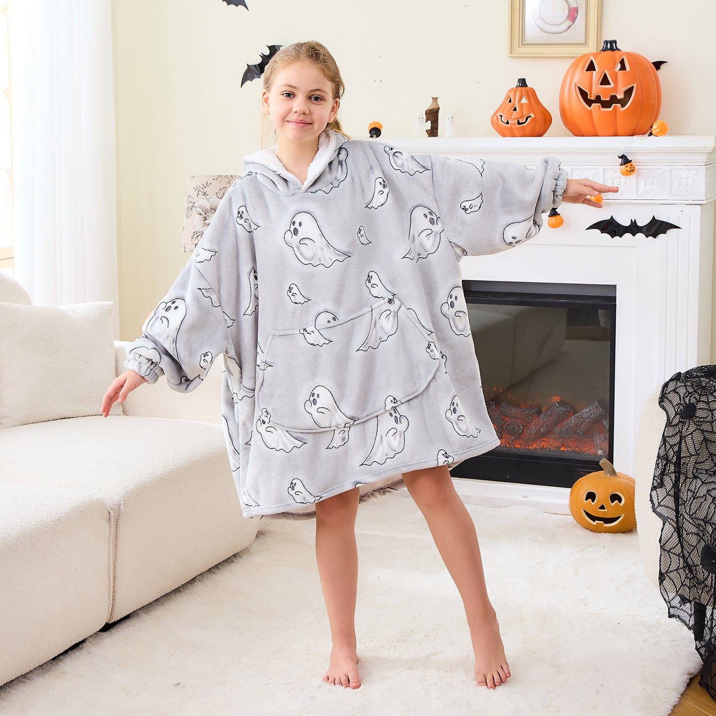 Ghostly Halloween Wearable Blanket Hoodie for Kids