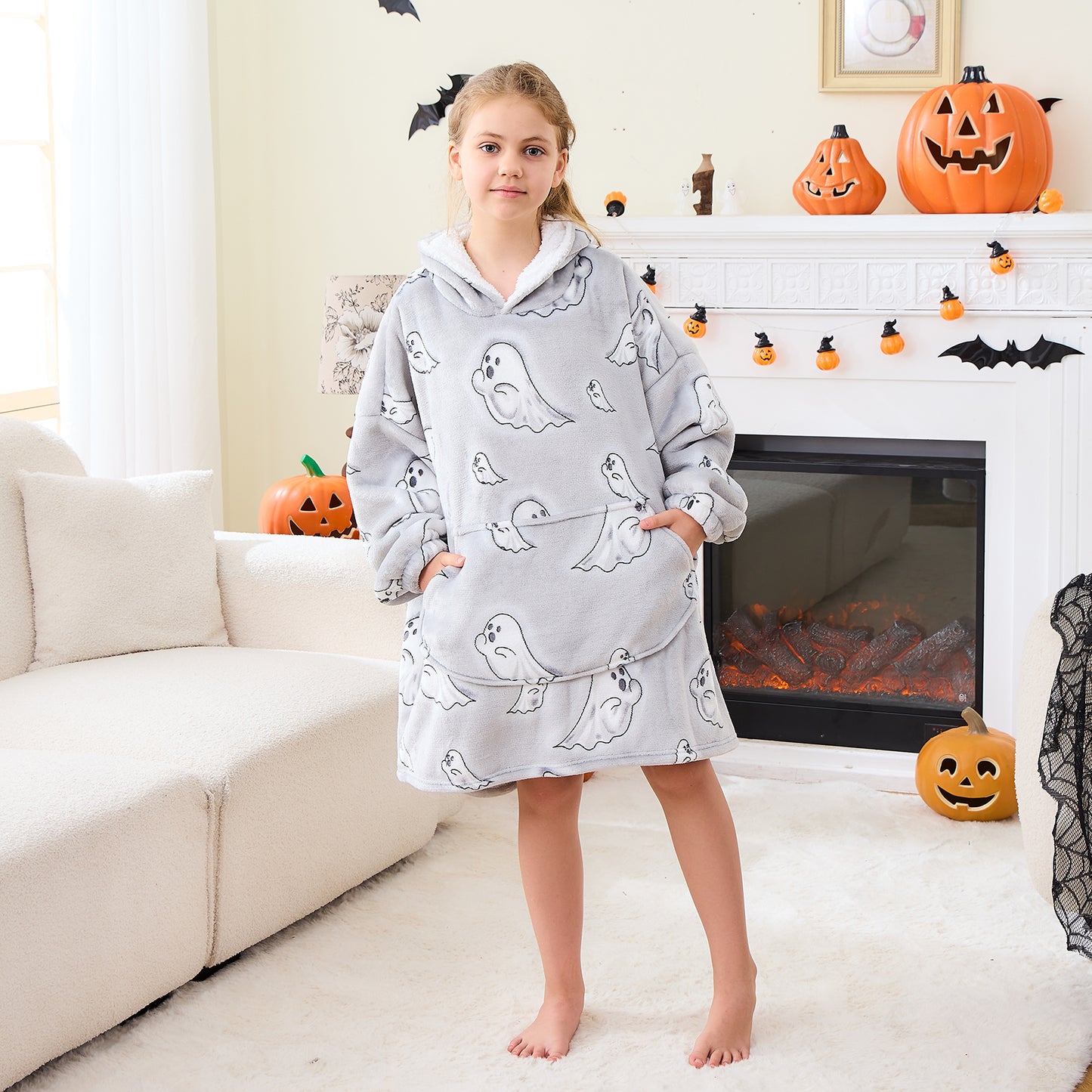 Ghostly Halloween Wearable Blanket Hoodie for Kids