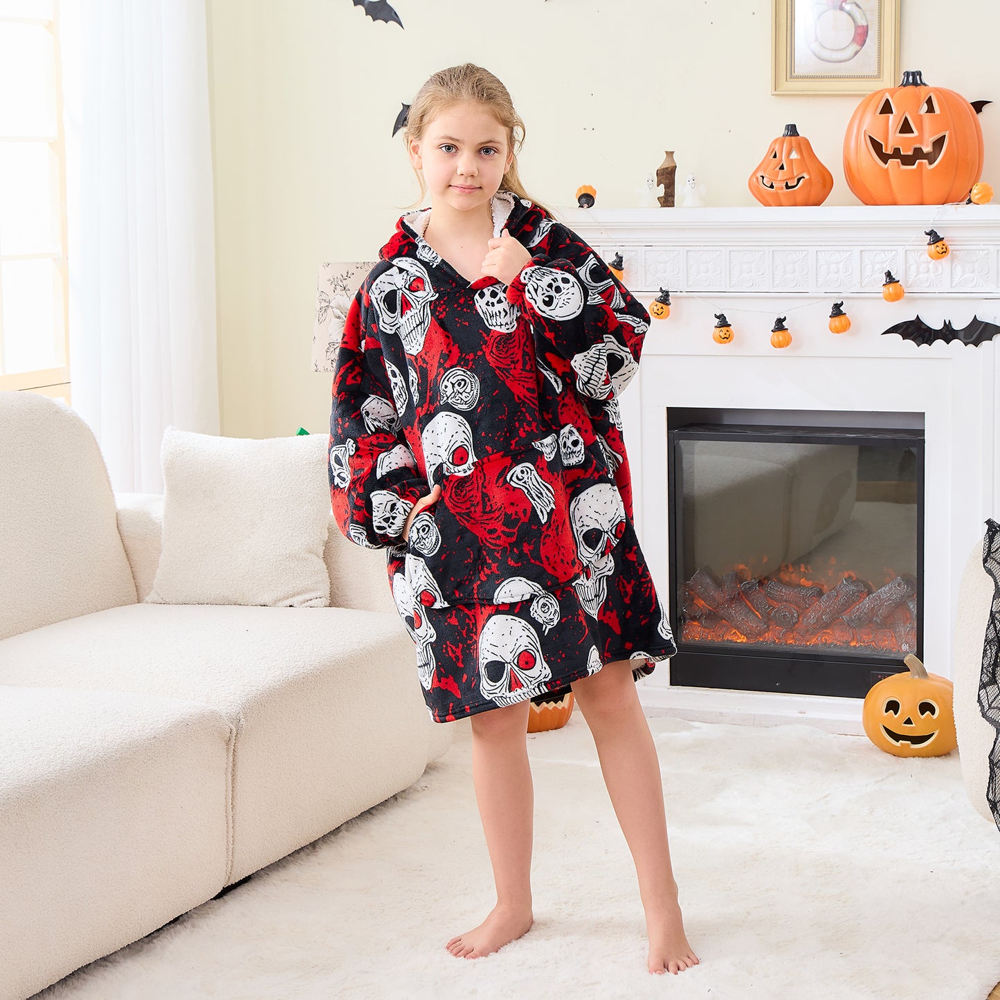 Halloween Blood Skull Print Hoodie Blanket for Kids