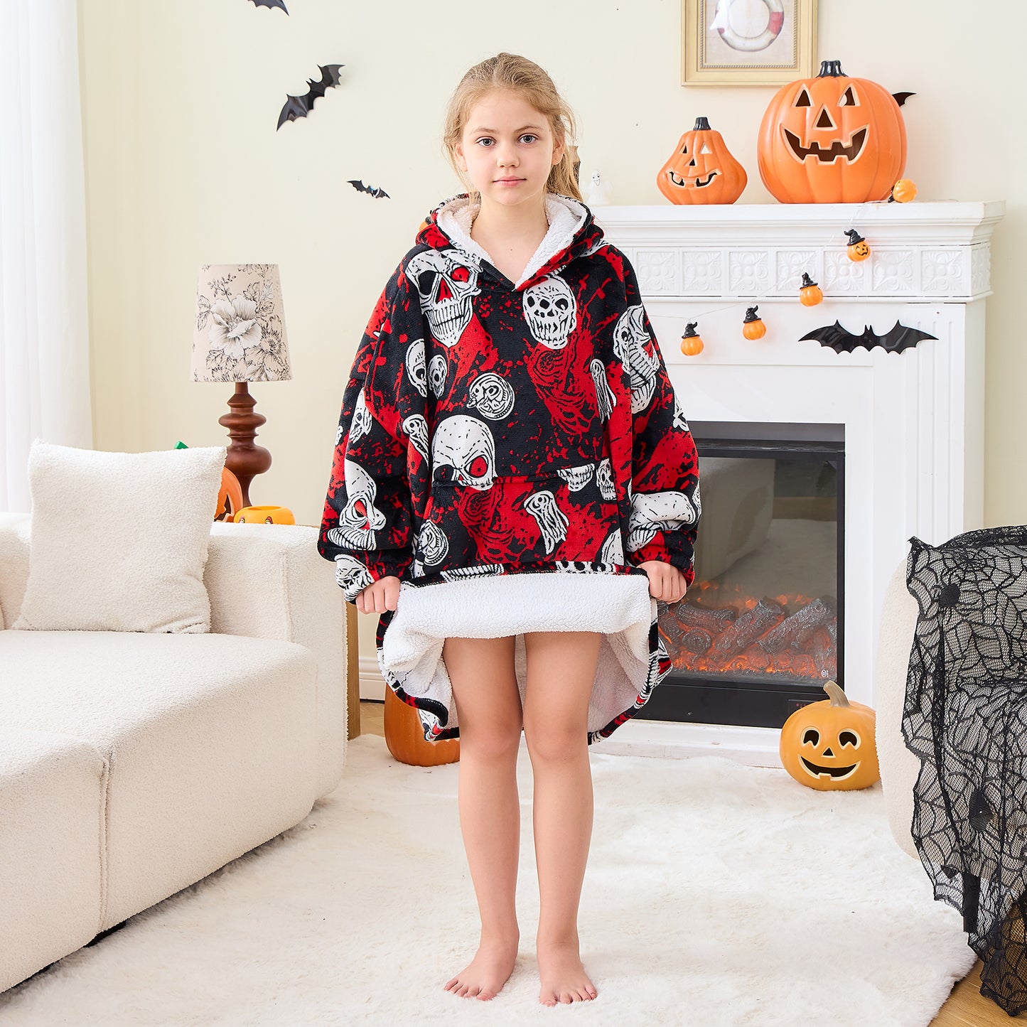 Halloween Blood Skull Print Hoodie Blanket for Kids