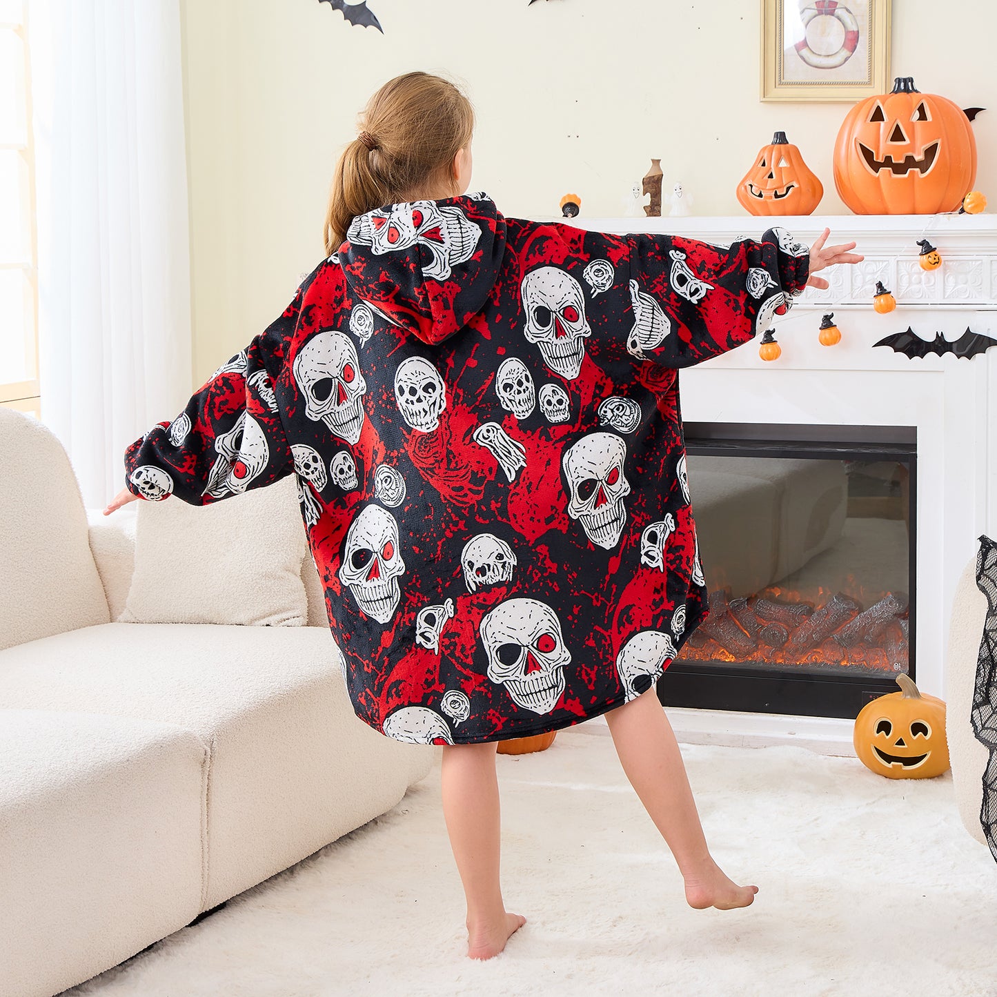 Halloween Blood Skull Print Hoodie Blanket for Kids