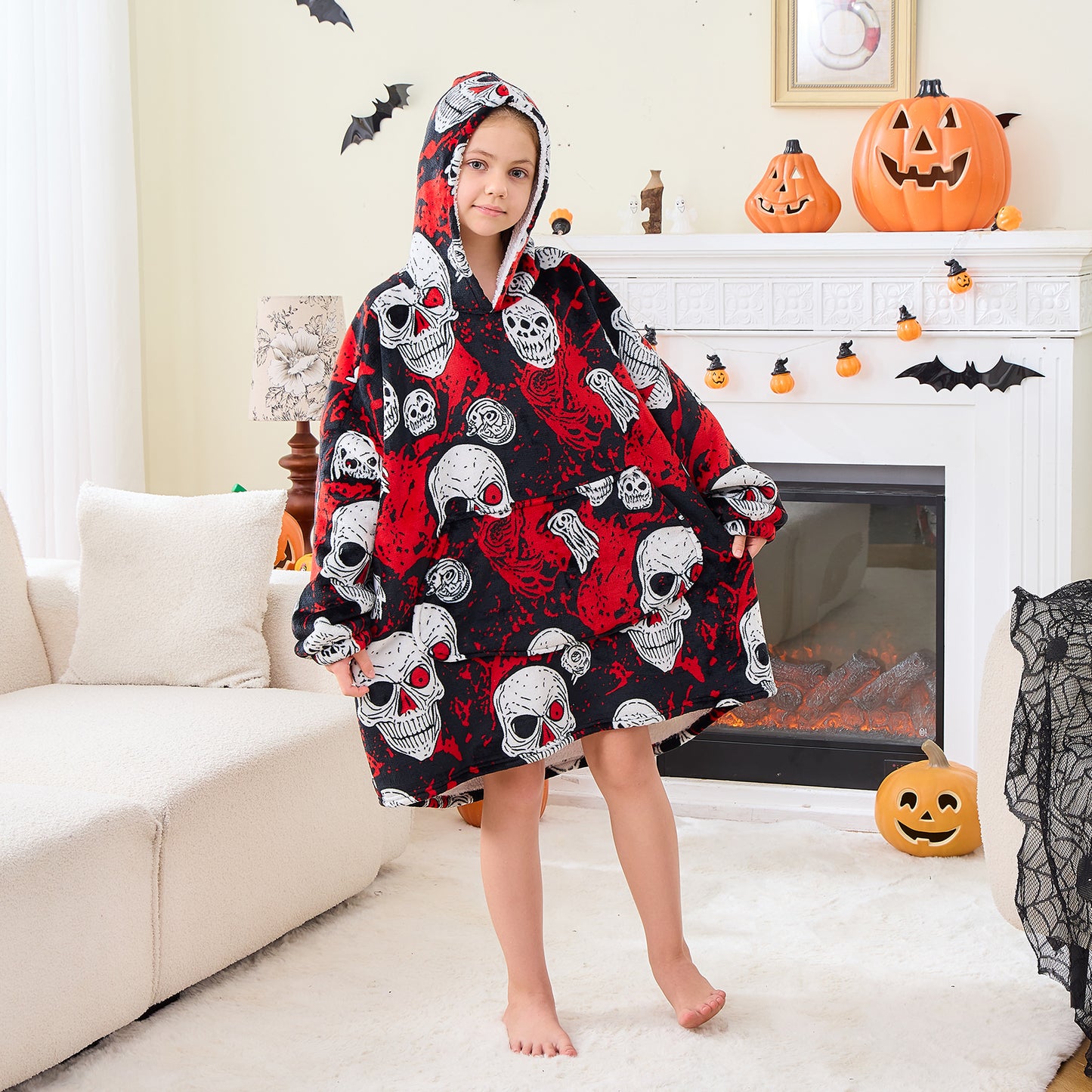 Halloween Blood Skull Print Hoodie Blanket for Kids