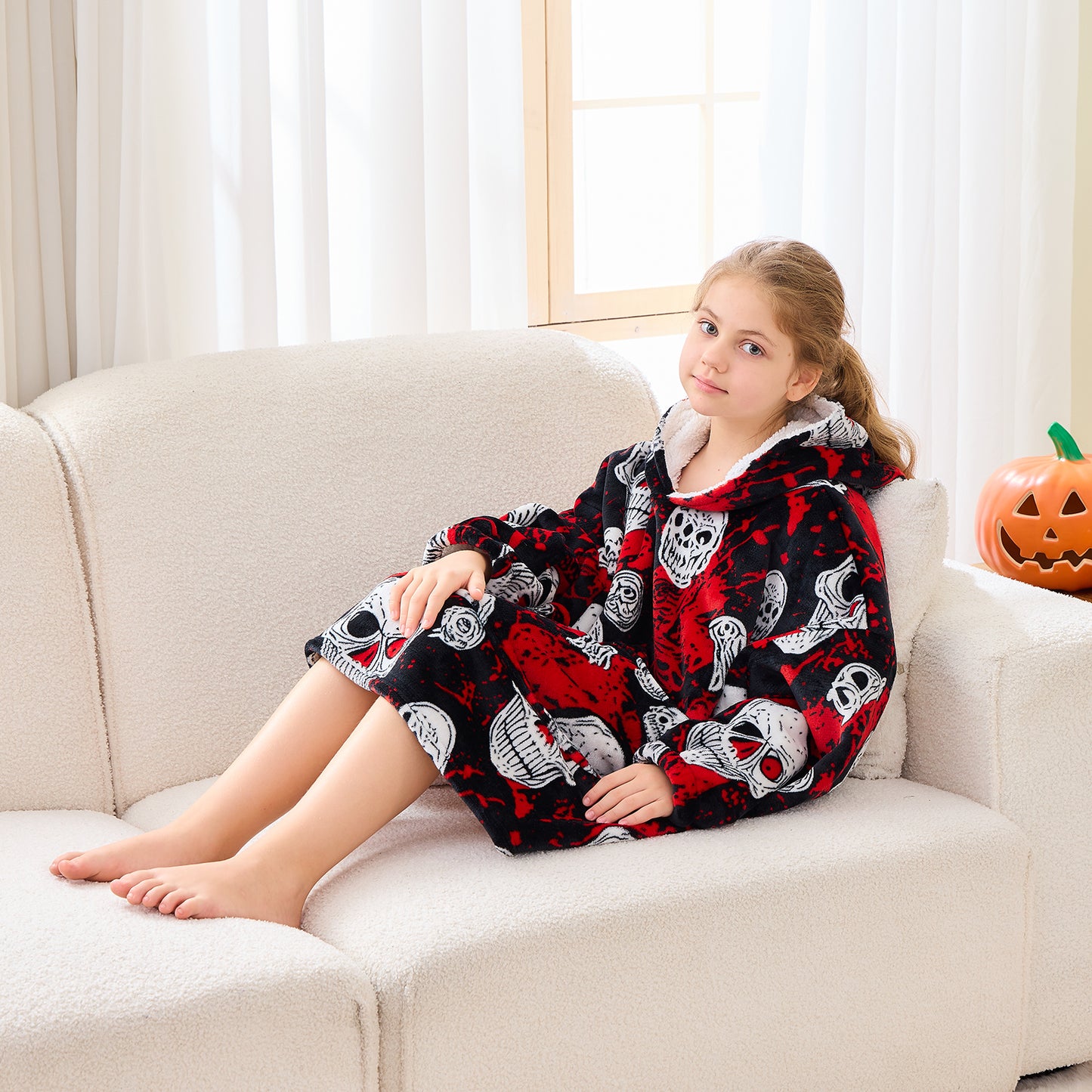 Halloween Blood Skull Print Hoodie Blanket for Kids