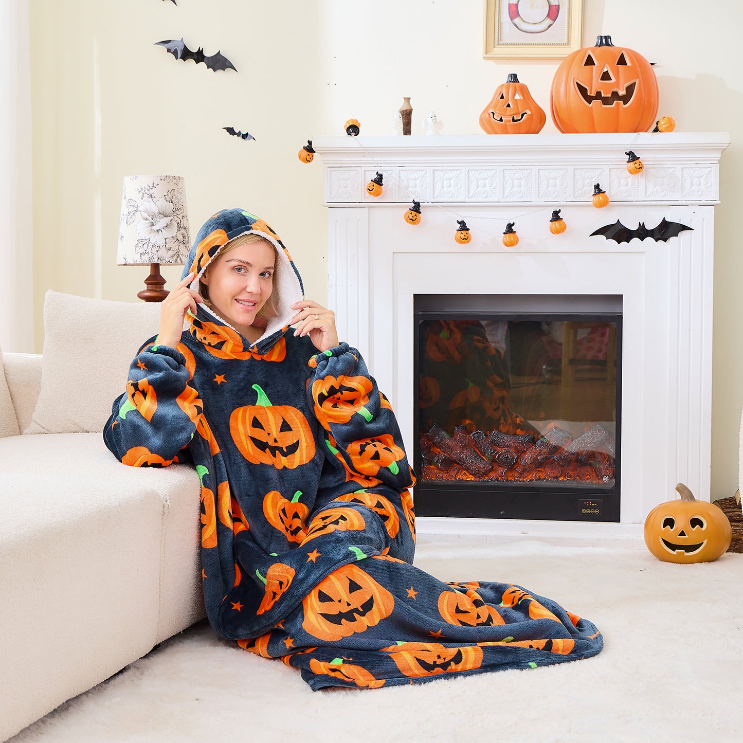 Halloween Pumpkin Sherpa Hoodie Blanket Extra Long Oversized
