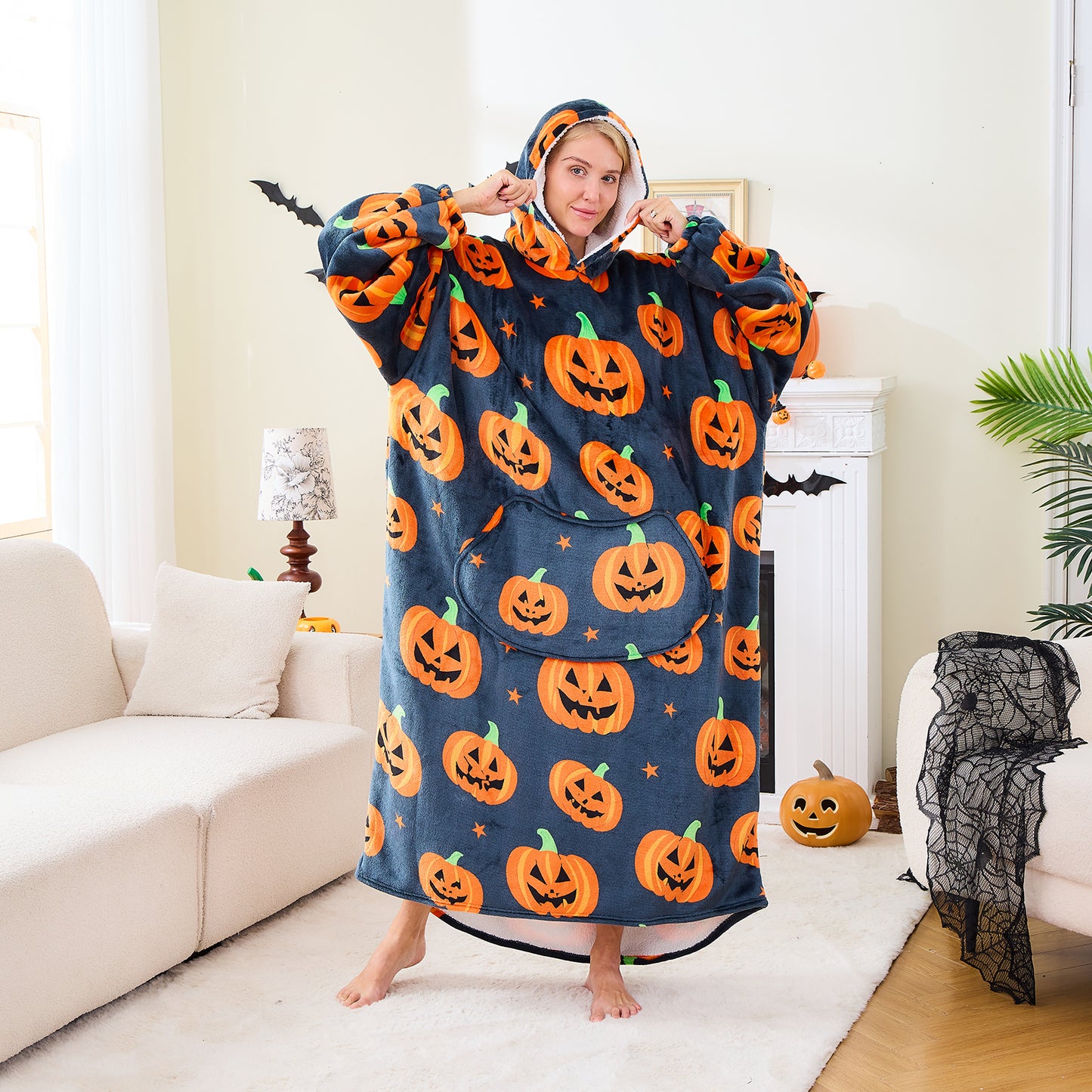 Halloween Pumpkin Sherpa Hoodie Blanket Extra Long Oversized