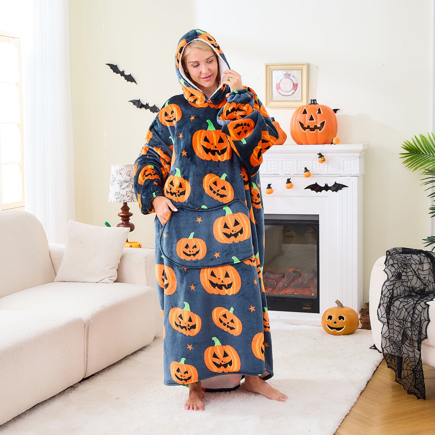 Halloween Pumpkin Sherpa Hoodie Blanket Extra Long Oversized