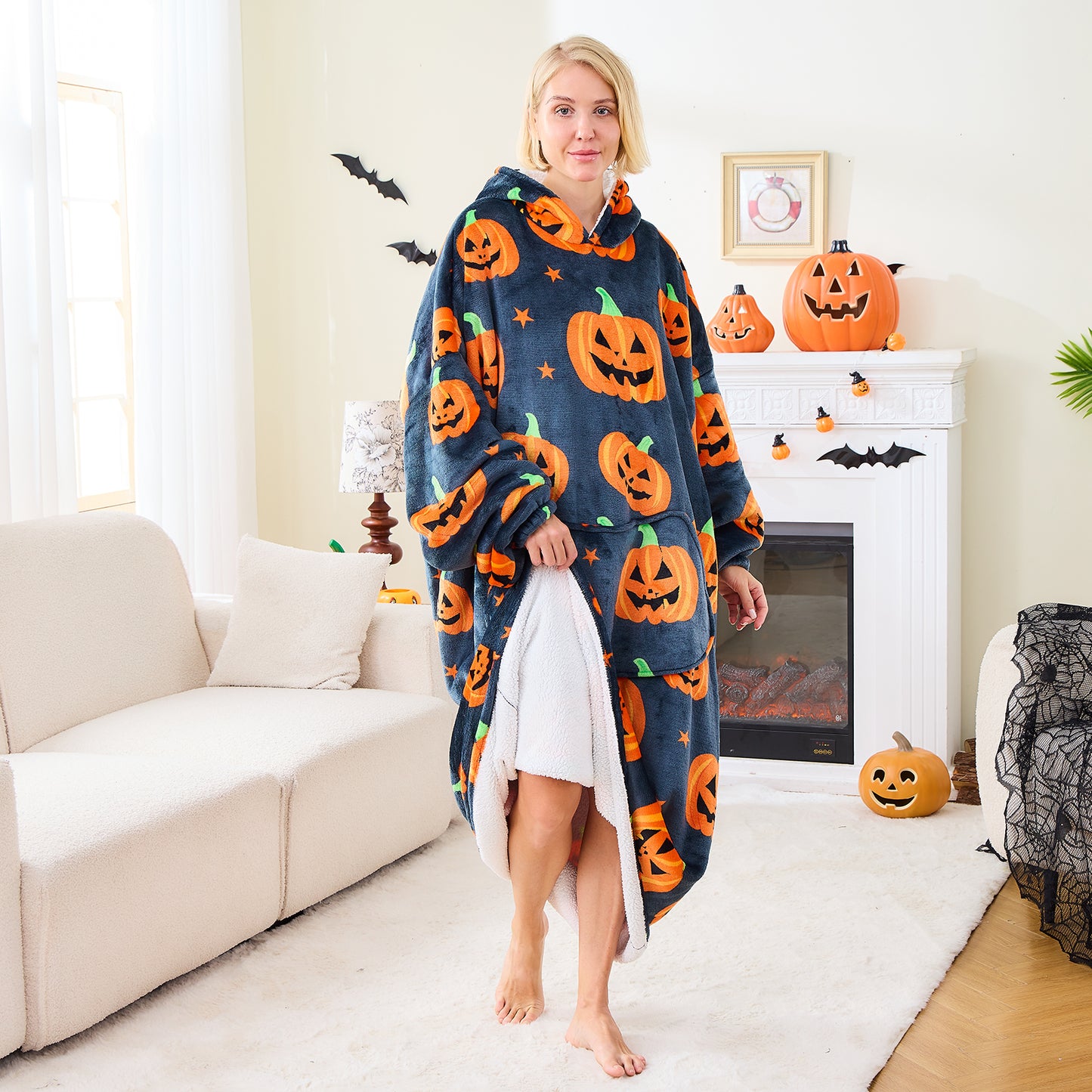 Halloween Pumpkin Sherpa Hoodie Blanket Extra Long Oversized