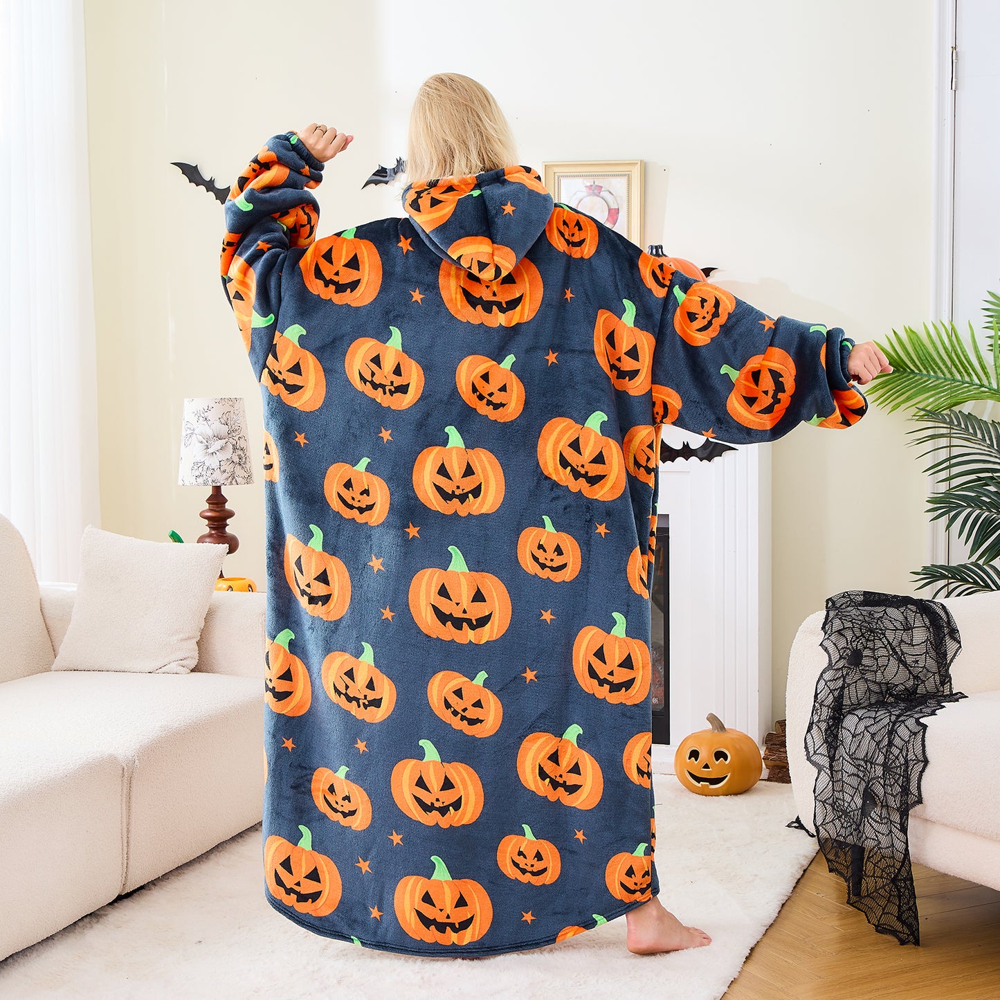 Halloween Pumpkin Sherpa Hoodie Blanket Extra Long Oversized