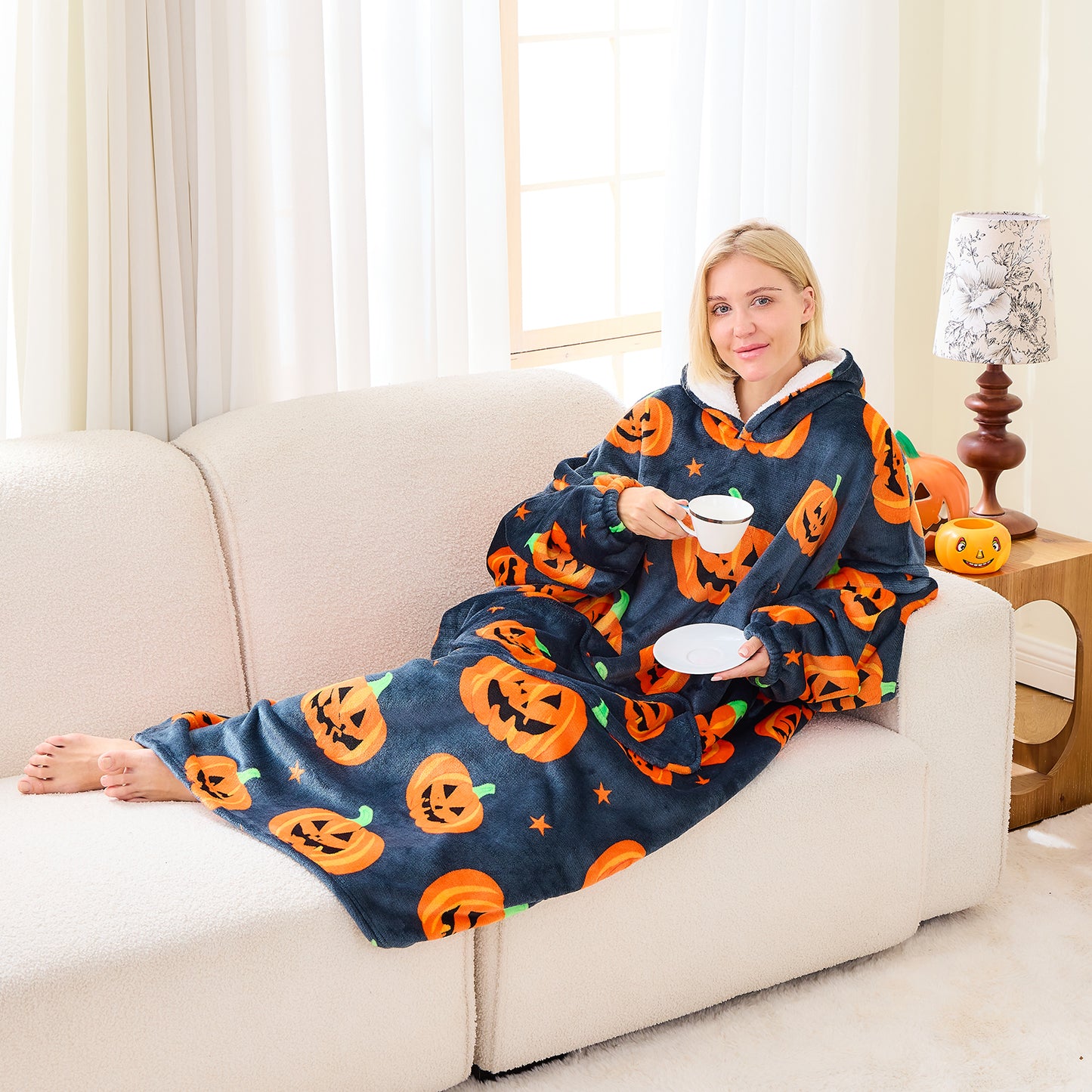 Halloween Pumpkin Sherpa Hoodie Blanket Extra Long Oversized